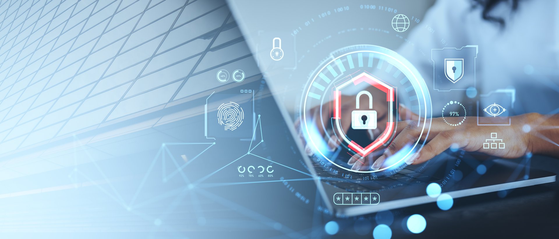 Black woman hands typing in laptop, lock shield with digital cybersecurity icons and biometric scanning. Concept of internet security, online connection and information protection