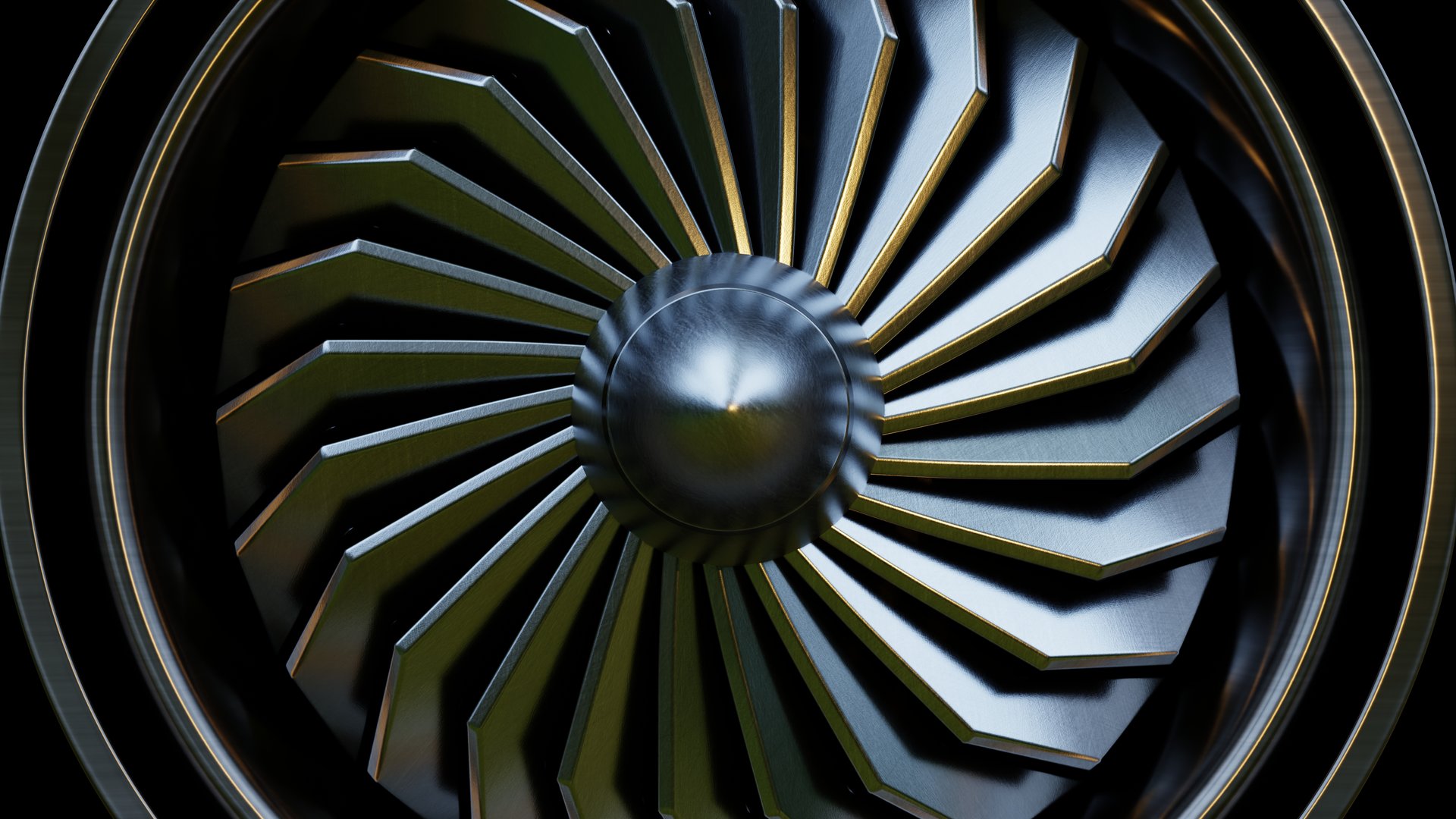 Jet engine turbine close-up in metallic finish-3D rendering