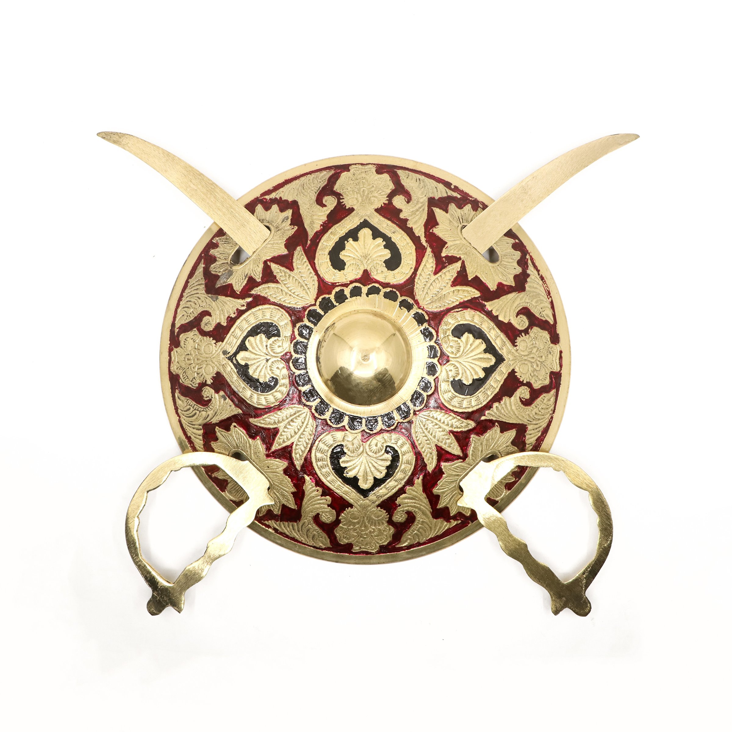 vintage sword and shield talwar weapon of warriors, handcrafted in gold with floral pattern, used by the royal guards and soldiers of the king isolated in a white background