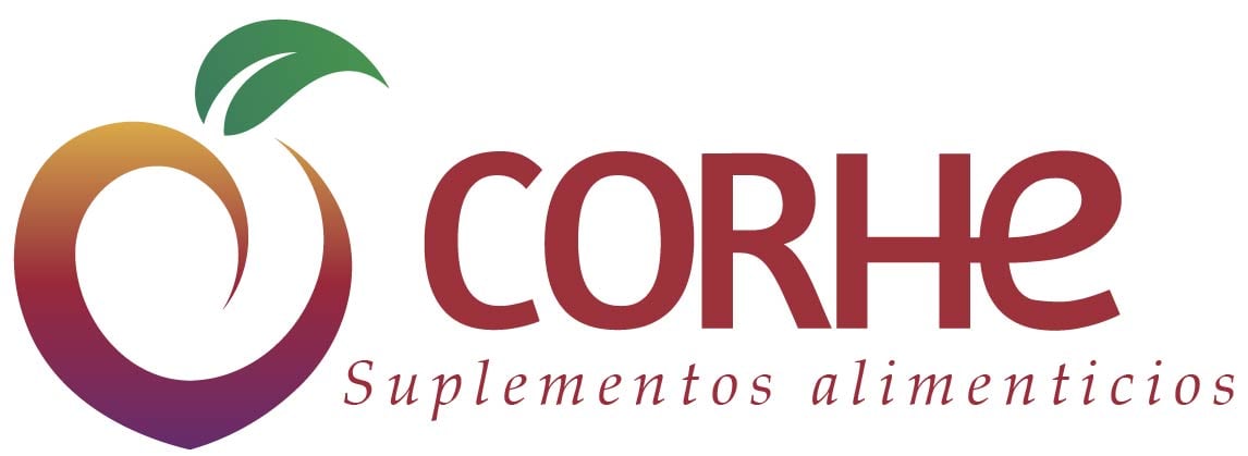 Logo featuring a stylized fruit and the text CORHE Suplementos alimenticios in red and green.
