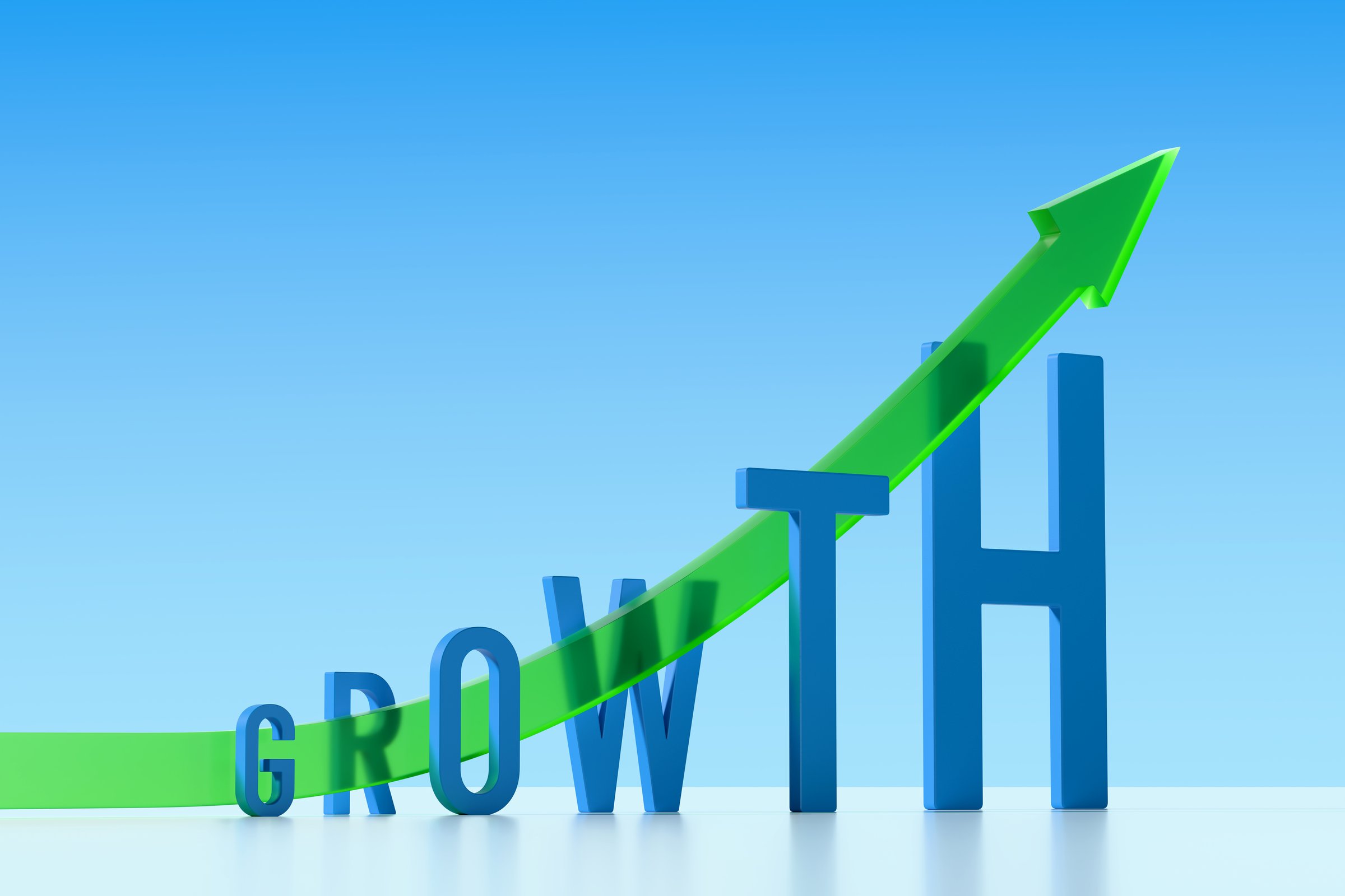 A growth chart with green glass arrow pointing up and the word growth written in blue on sky-blue background. Concept of success, financial growth over time. 3d illustration, copy space.