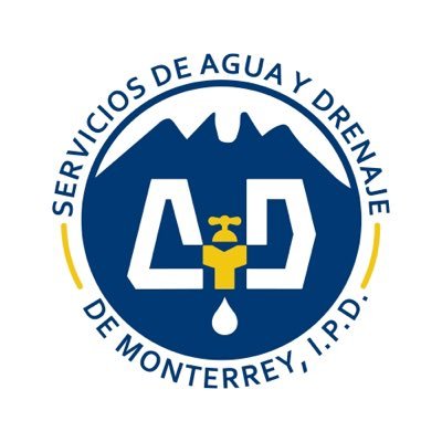 Logo of Servicios de Agua y Drenaje de Monterrey featuring a stylized water faucet and droplet on a blue circle.