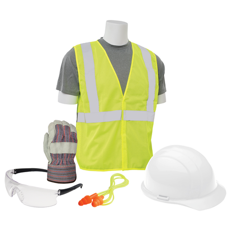 New Hire Safety Kit including hard hat, safety vest, safety glasses and gloves