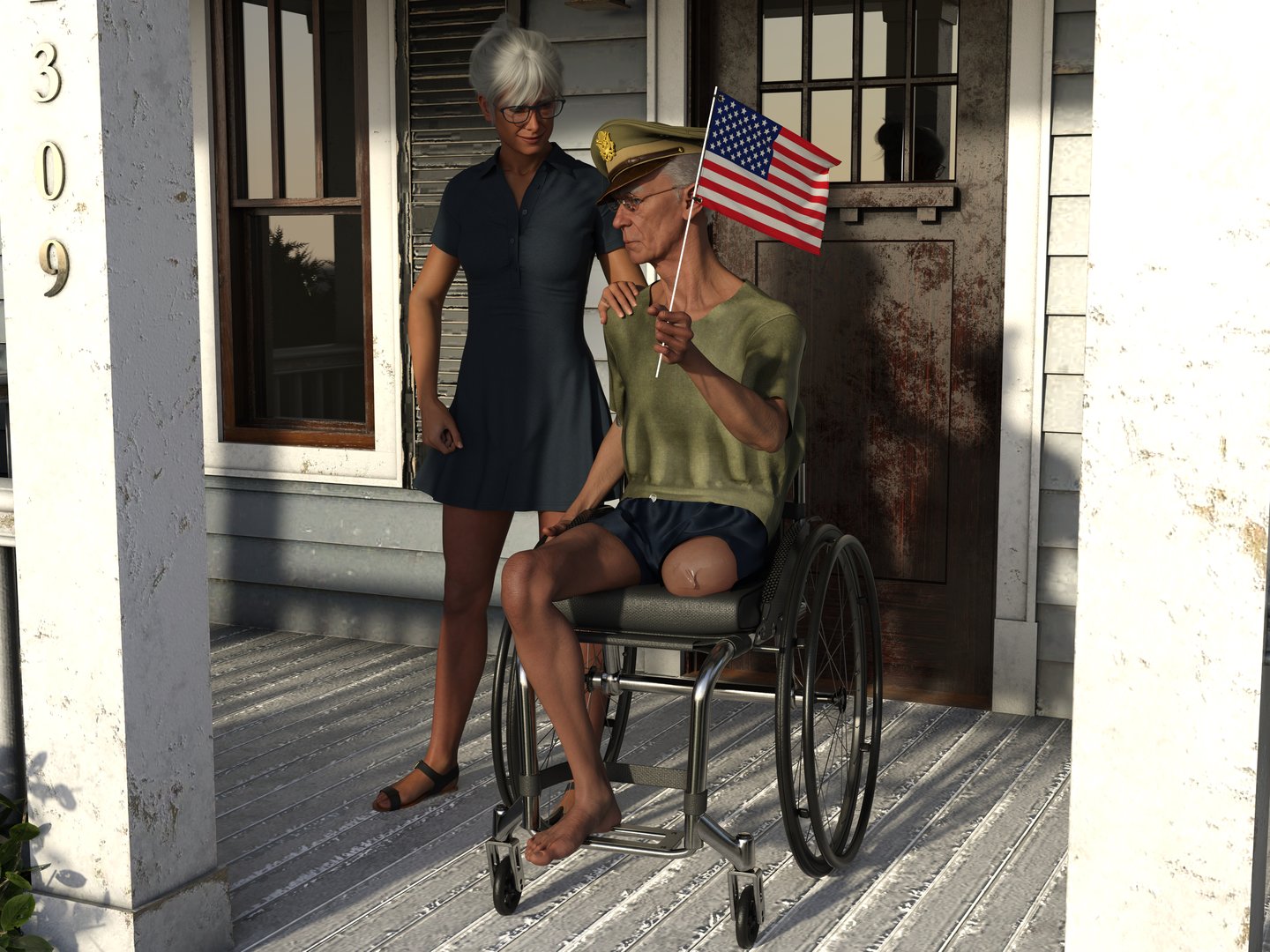Amputee Veteran & Wife Watch Memorial Day Parade from Porch