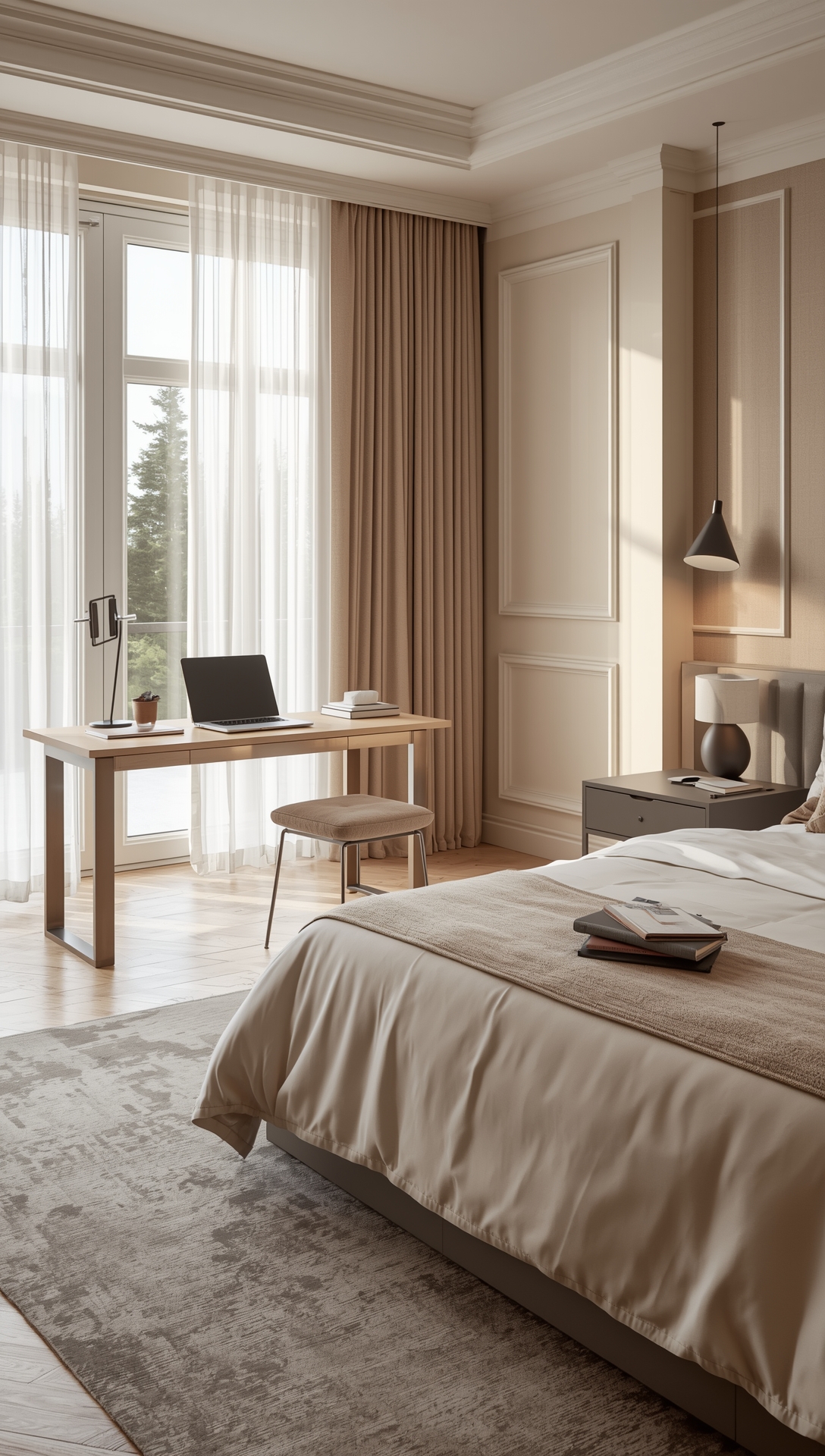 Luxurious Scandinavian bedroom with workspace