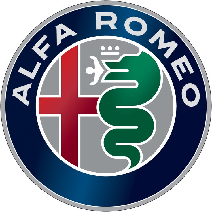 Alfa Romeo logo with a red cross and green serpent on a blue and silver circular background.