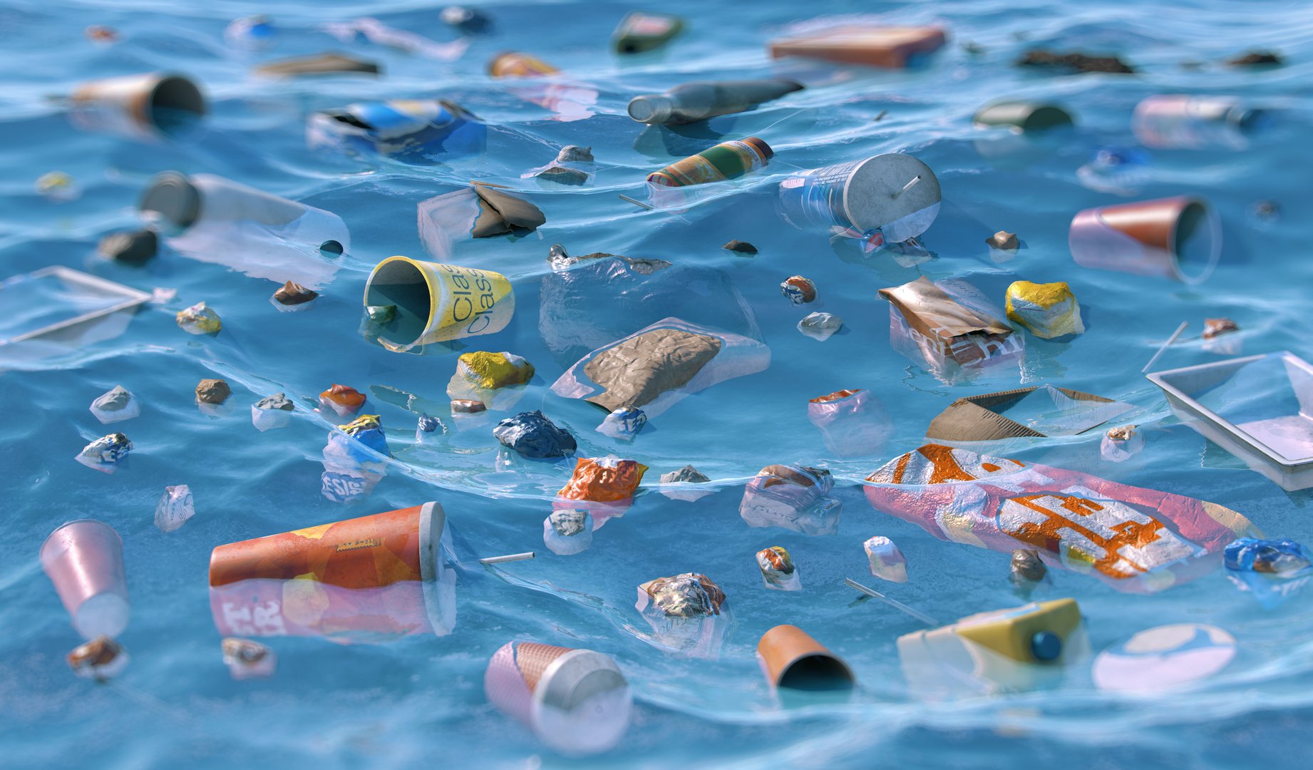 Ocean pollution. A sea surface littered with plastic bottles, debris, bags, food packaging. Devastating effects of human activity on marine ecosystems.