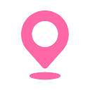A pink map pin icon on a white background, indicating location or destination.