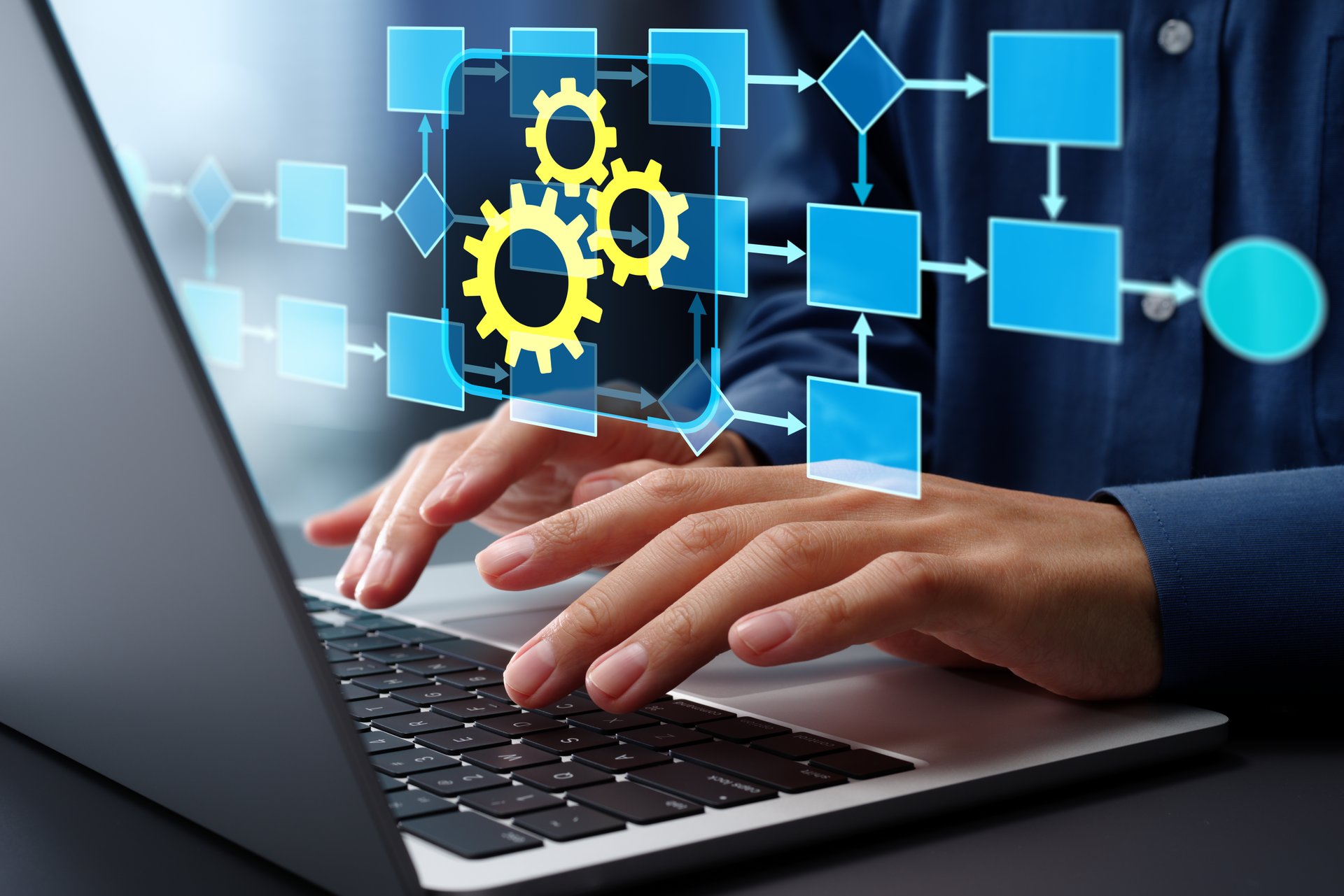 Business workflow automation. Flowchart and gear icons. Businessman using laptop computer with automation systems.