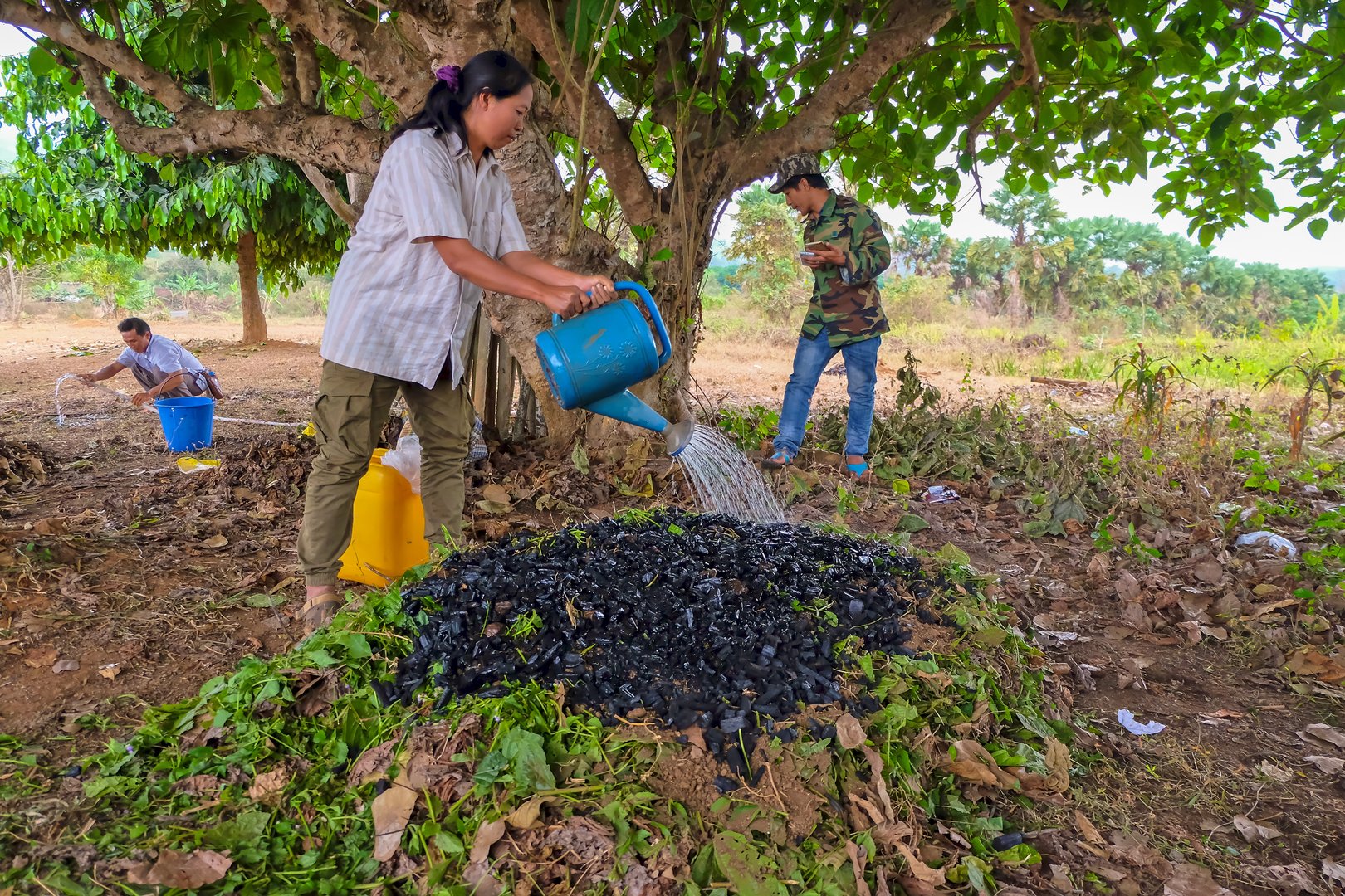 Tachileik, Myanmar - April 1 2017. Adding diluted urine to biochar compost
