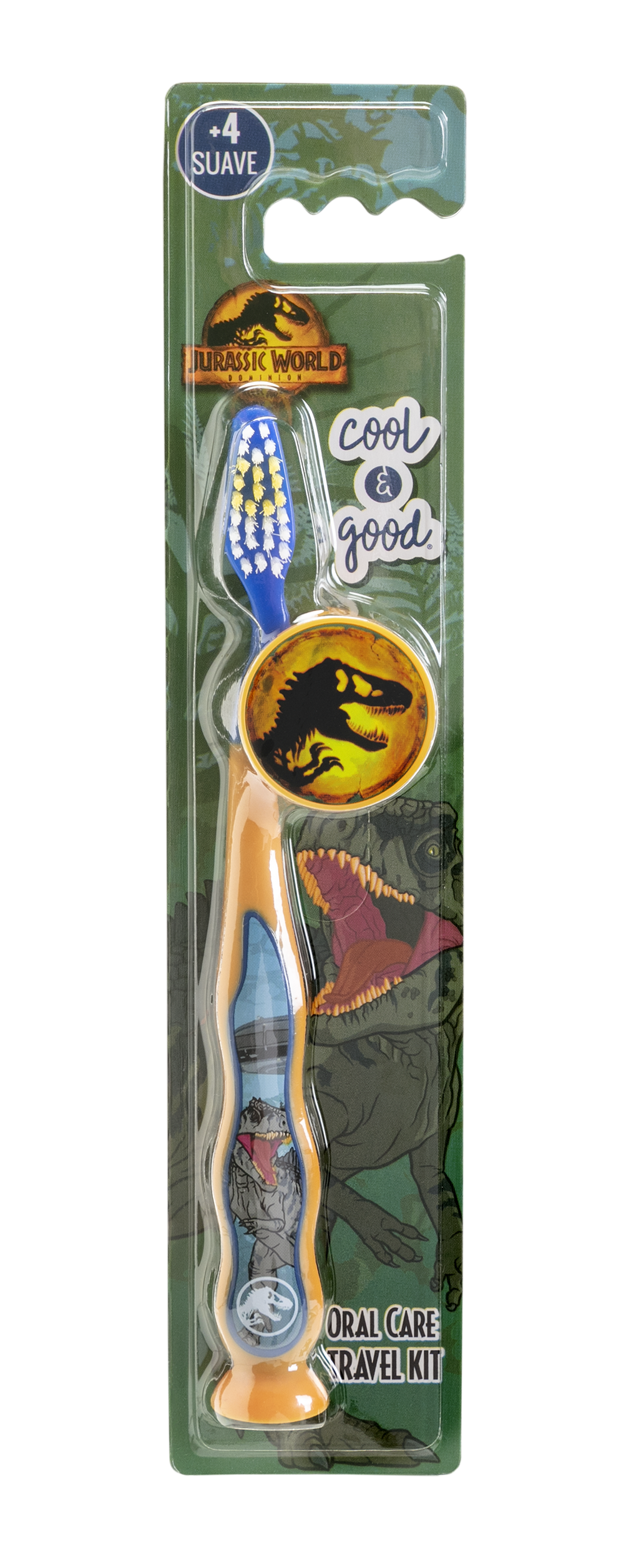Children's Jurassic World toothbrush with dinosaur graphics, packaged in a clear plastic case labeled 'Cool & Good'.