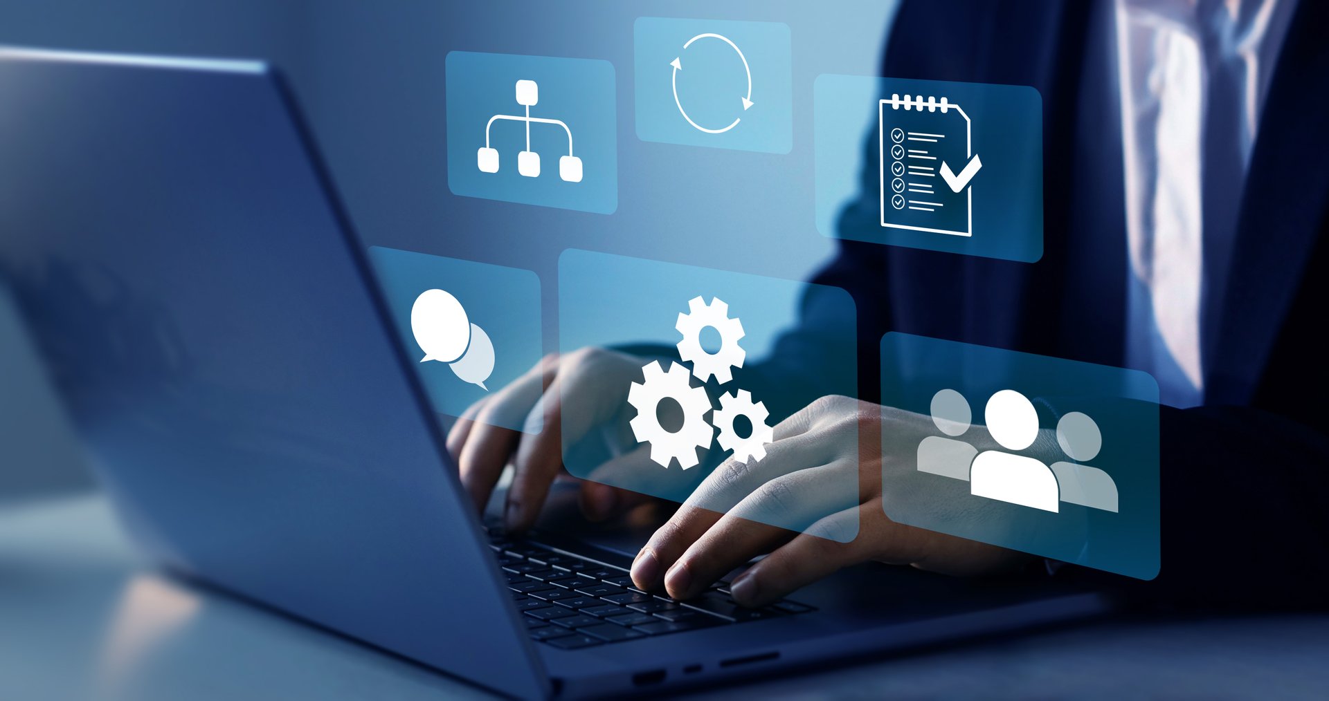Businessman who works at laptop for technology development.Develop efficiency of business process with automation and improve technology  optimization