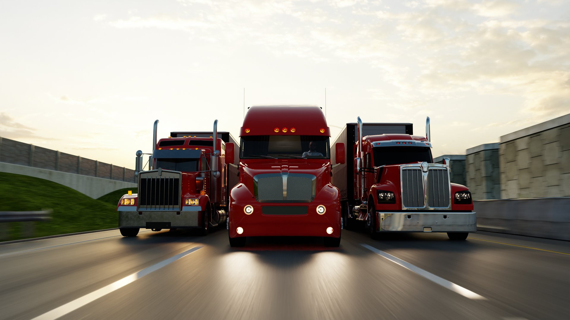 American style truck on freeway pulling load. Transportation theme. 3D illustration