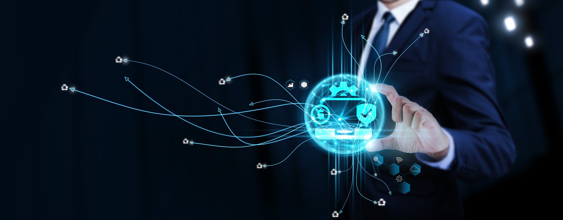 Insurance Technology: Businessman Touching Digital Global Network of Insurance Data Exchange. Seamless Integration on Social Network Connection with Hologram Modern Interface.