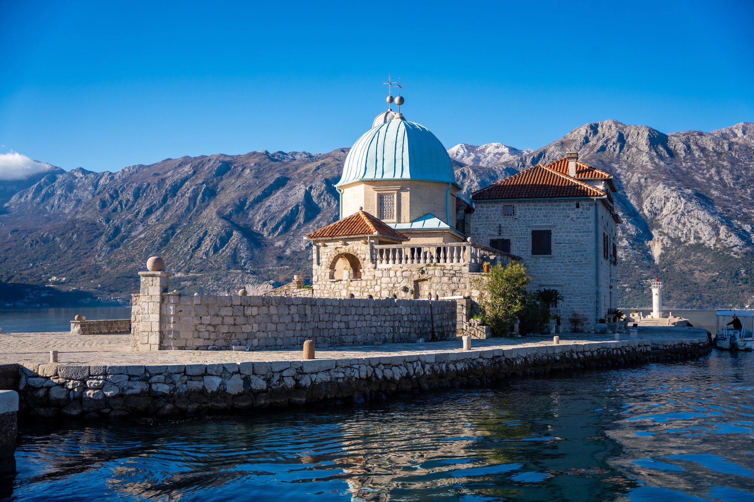 Perast Montenegro with Our Lady of the Rocks church island in Bay of Kotor