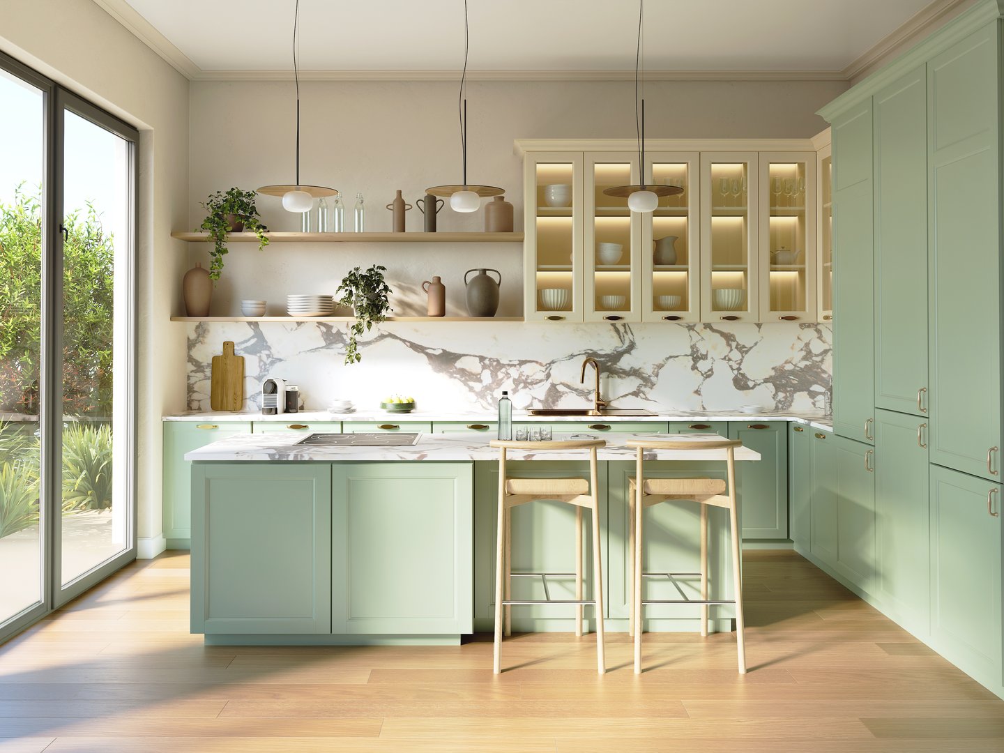 3d rendering of a light green and beige rustic country kitchen with white calacatta marble, an island and wood floor