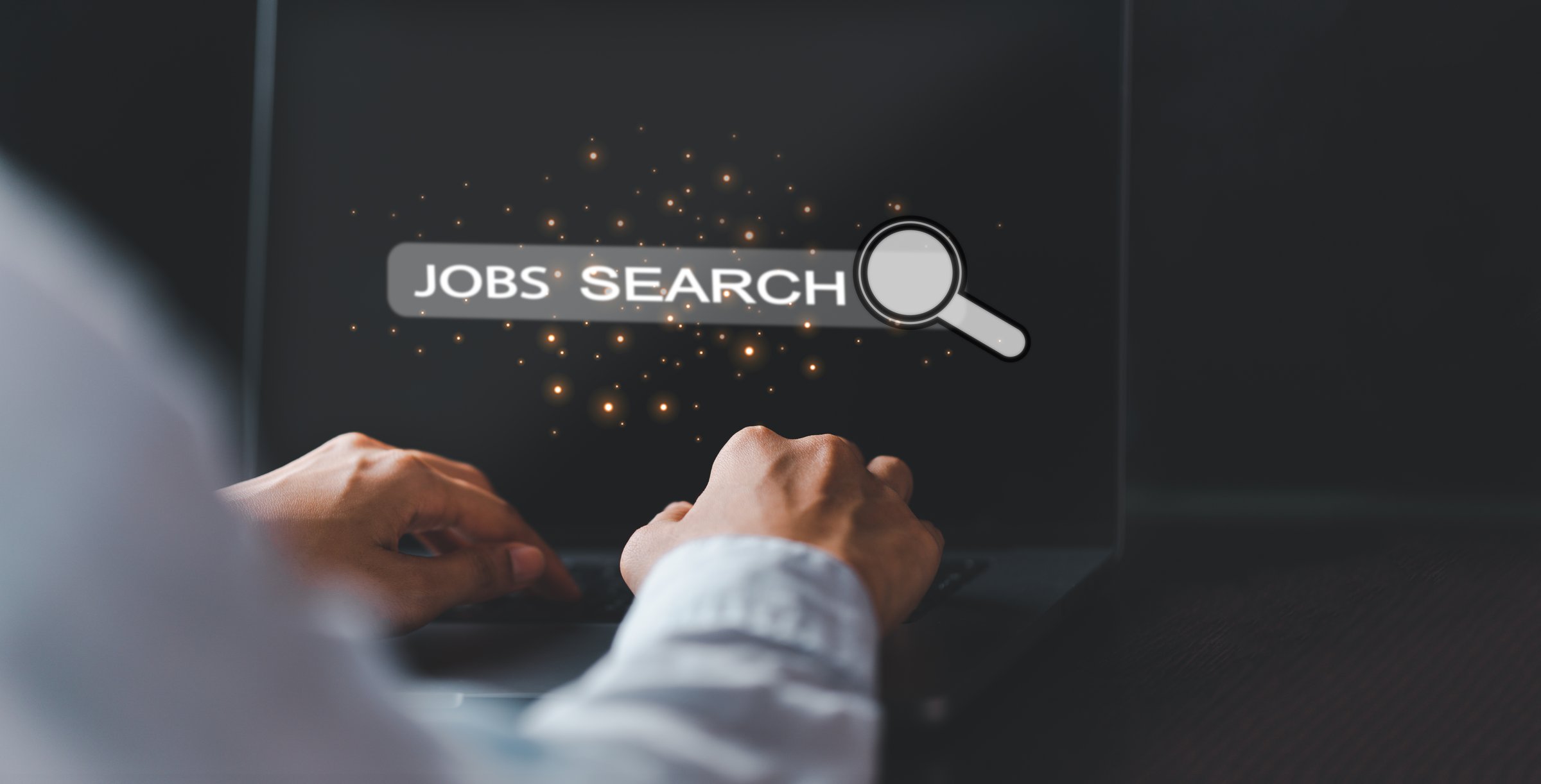 businessman, typing,on laptop screen, concept, job search, focusing on process, searching for information, connecting, with digital employment, deep strategic exploration analysis, career planning.