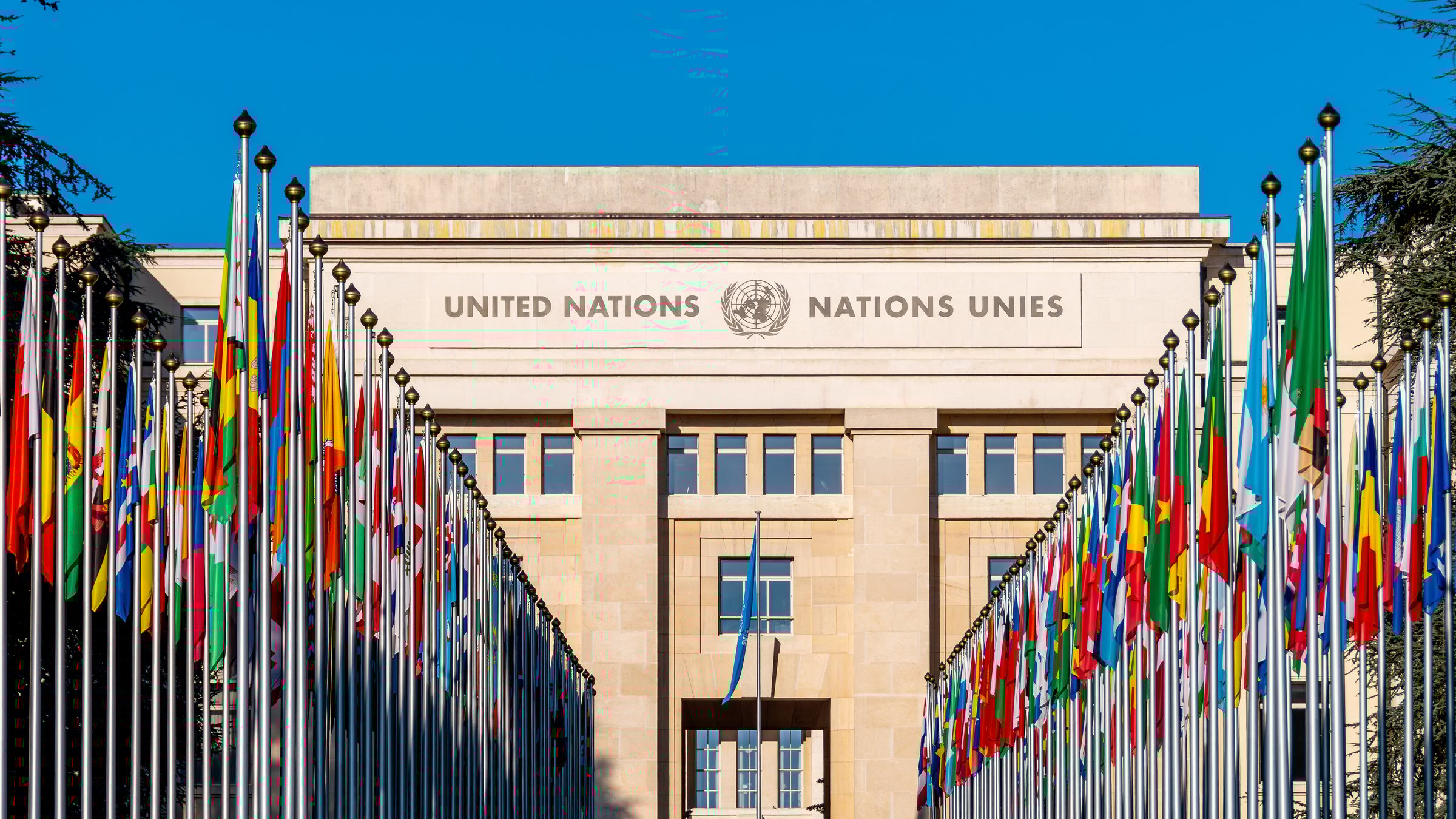 Geneva, Switzerland - November 16, 2024: Alley of Flags leading to the Palais des Nations, a complex of buildings housing the United Nations Office in Geneva, European headquarters of the UN