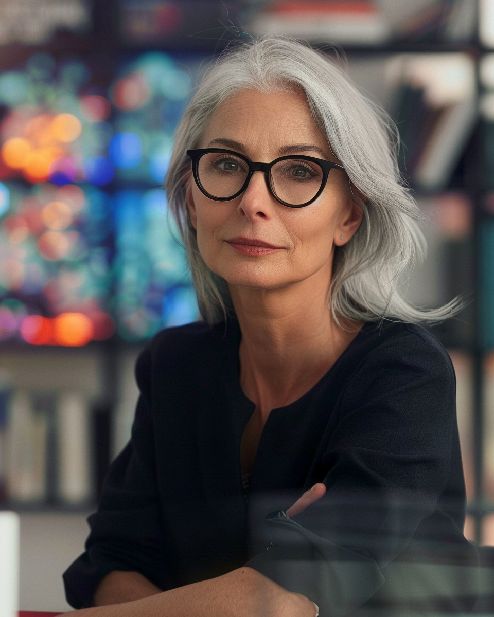 Elegant woman with gray hair and glasses, wearing a black outfit, seated in a modern, colorful office setting.