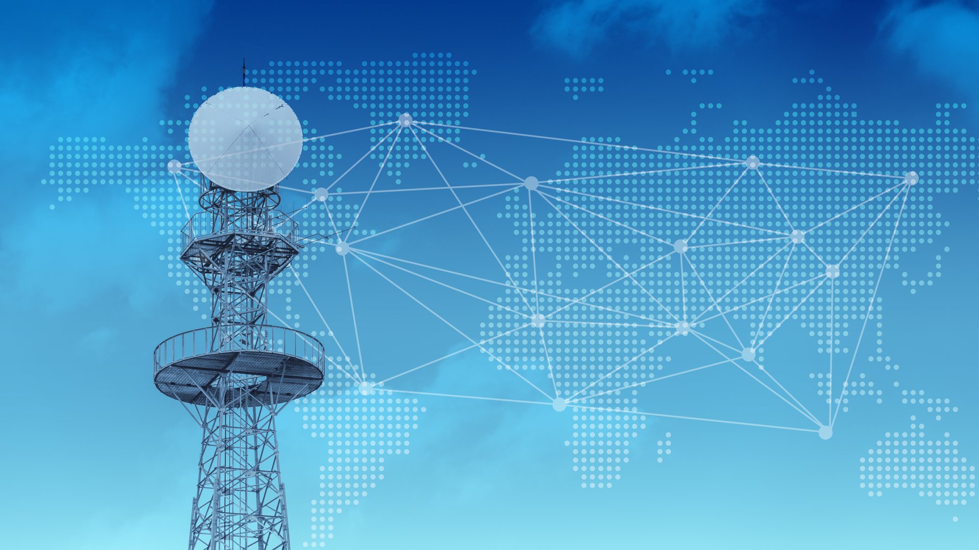World wide communication concept Radio Signal Tower with global map network Digital data transmission