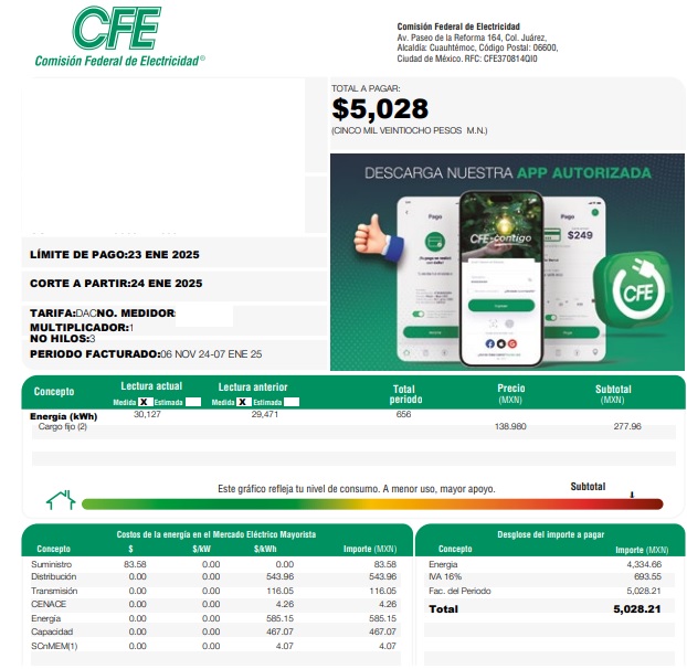 Recibo de CFE mostrando consumo de energía eléctrica
