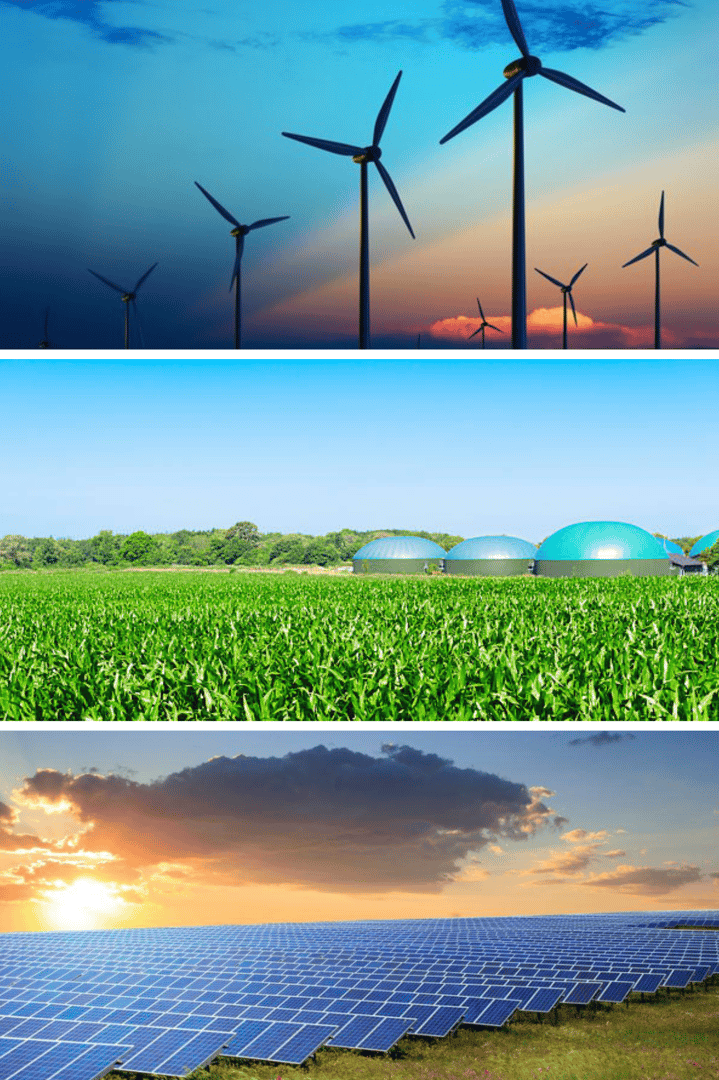 Three images of renewable energy sources: wind turbines at sunset, biogas plants in a field, and a solar farm at sunrise.