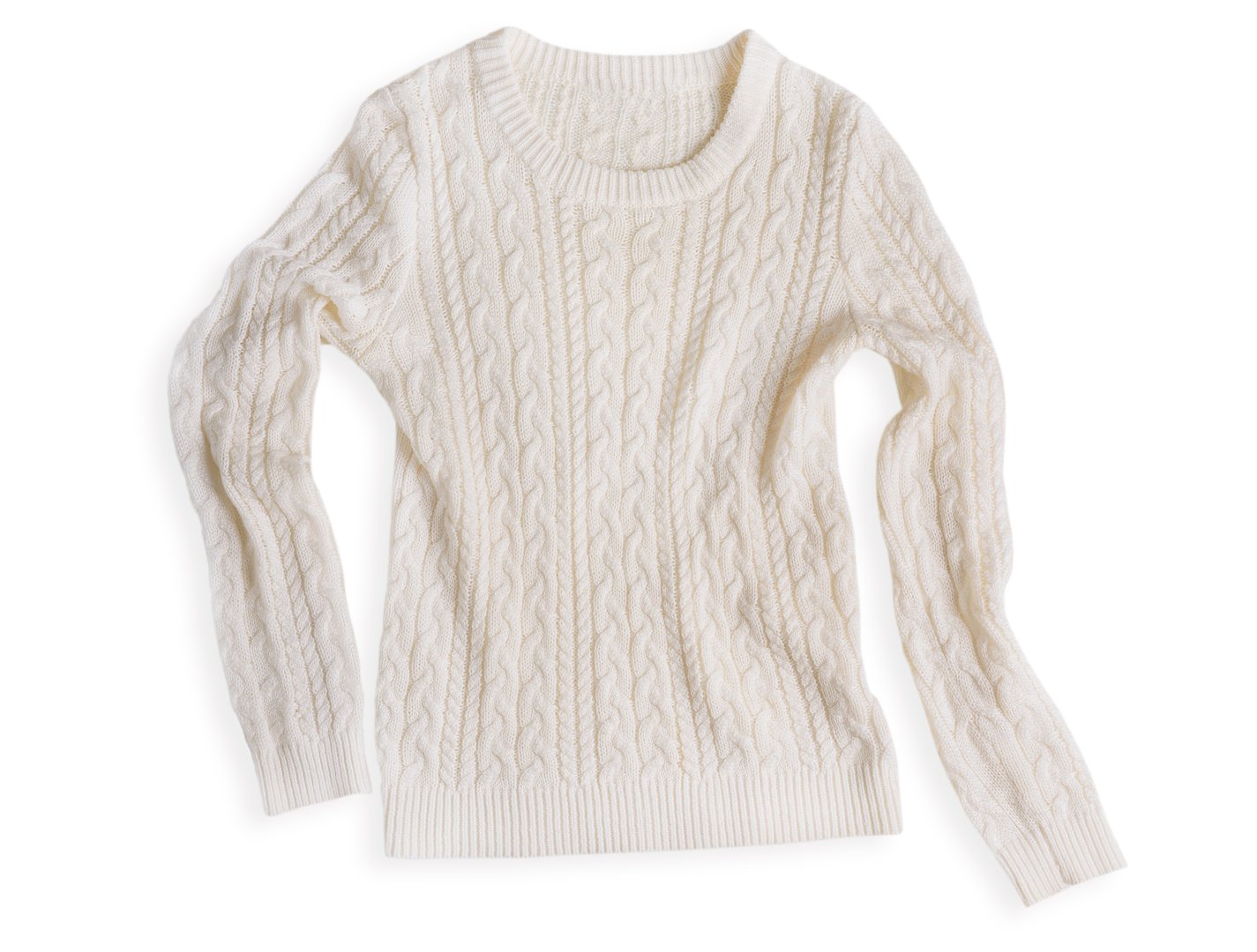 Top view of single cream coloured autumn warm casual cable knit sweater made from wool woven fabric textile isolated on white background used as comfortable cozy clothes for cold season
