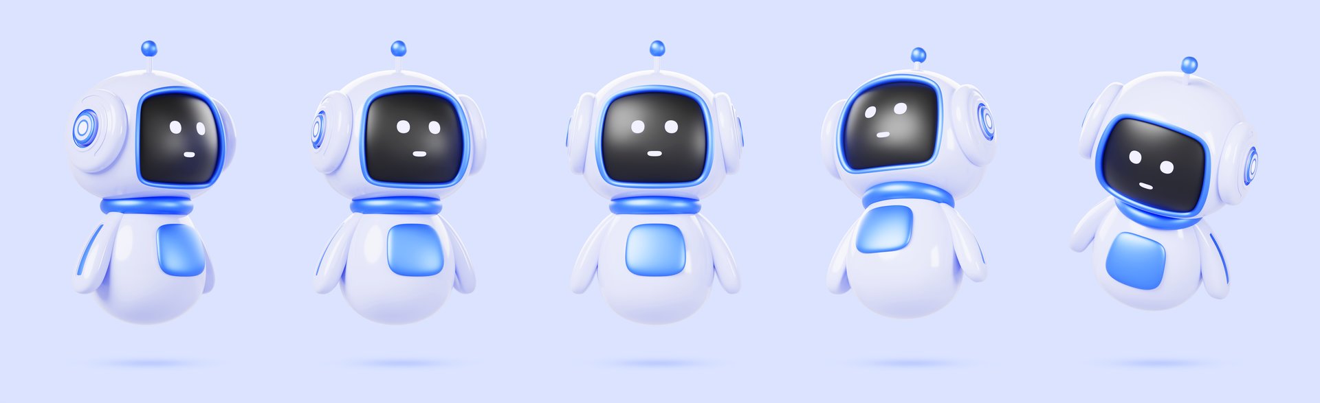 3d cute ai robot character in different angles. Chat bot mascot isolated render icon set. Digital artificial intelligence chatbot, friendly support assistant. Electric cyborg agent. 3D illustration