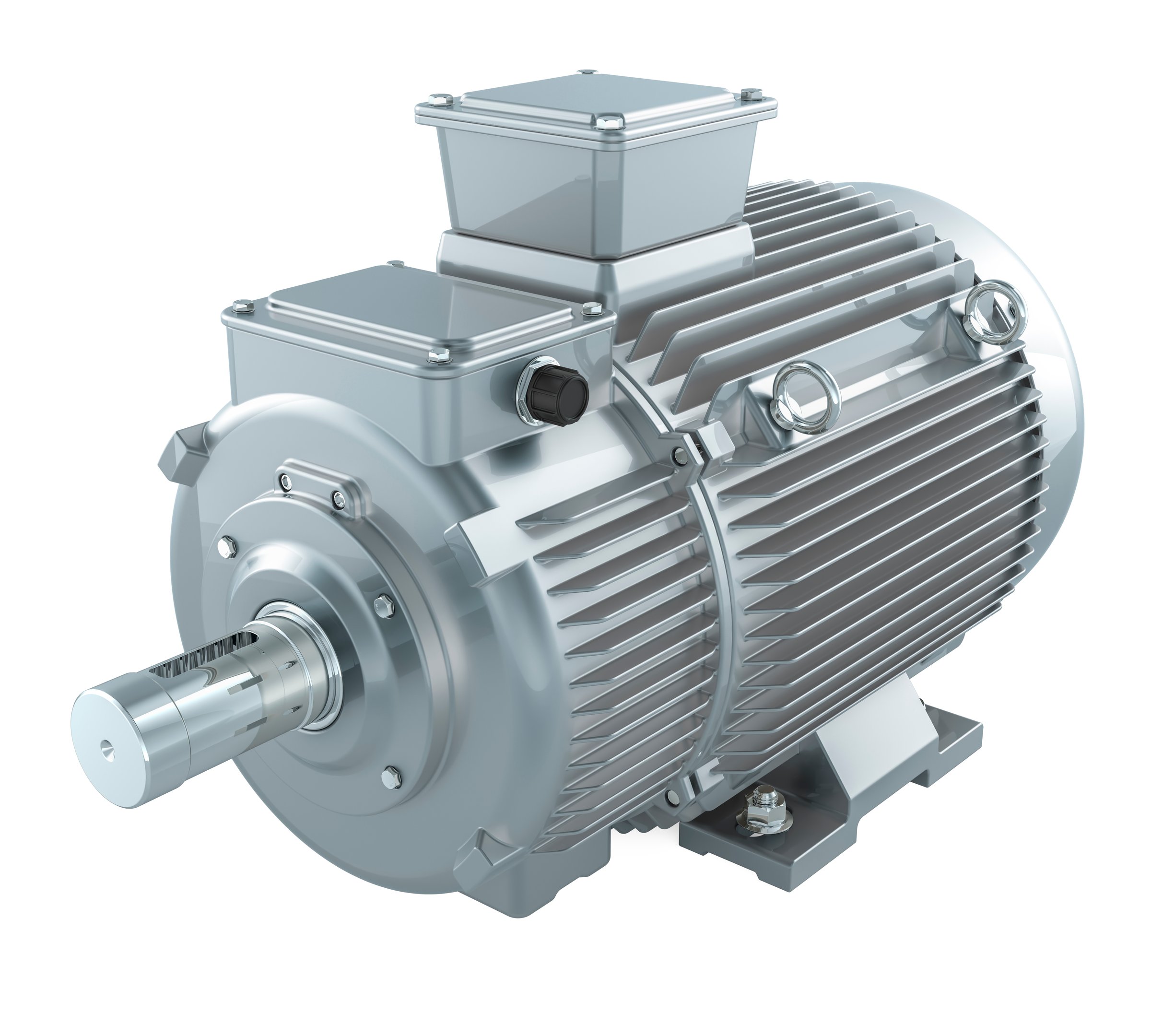 Silver industrial electric motor, 3D rendering isolated on transparent background