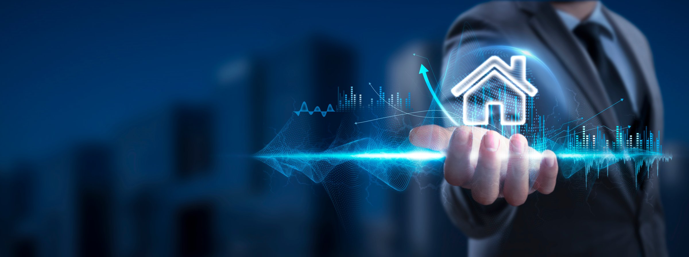 Property Management: Businessman Holding Property Icon and Global Network with Analyzing Technological Data, Efficient Operations, Network Connection on Interface Background. Smart Solutions, Seamless Integration
