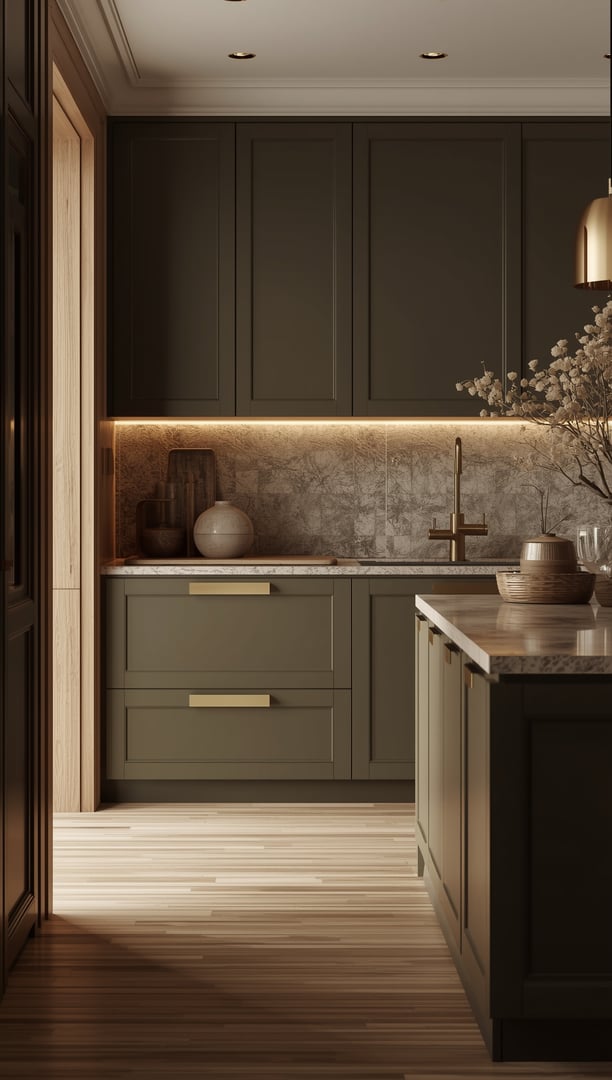 Olivengrønt kjøkken med varme detaljer, rottingbarstoler og gulldekor i skandinavisk stil.