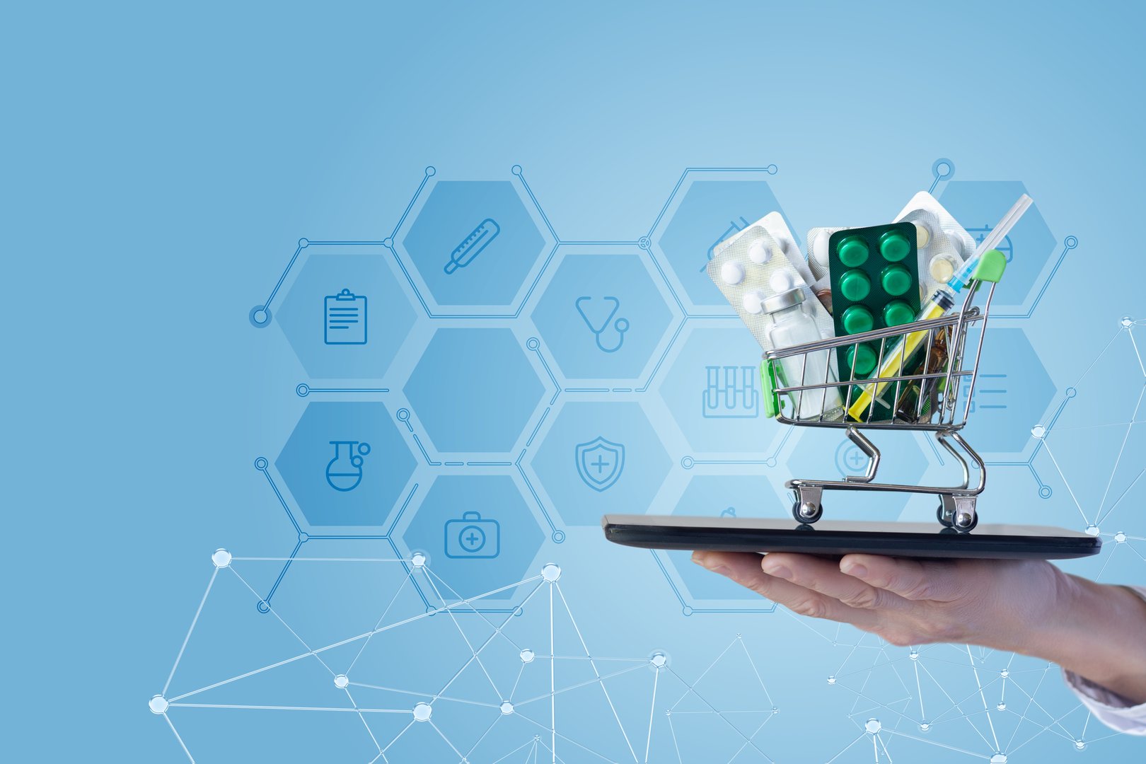The concept of a service for convenient and safe online purchases of medicines and medical products via a tablet.