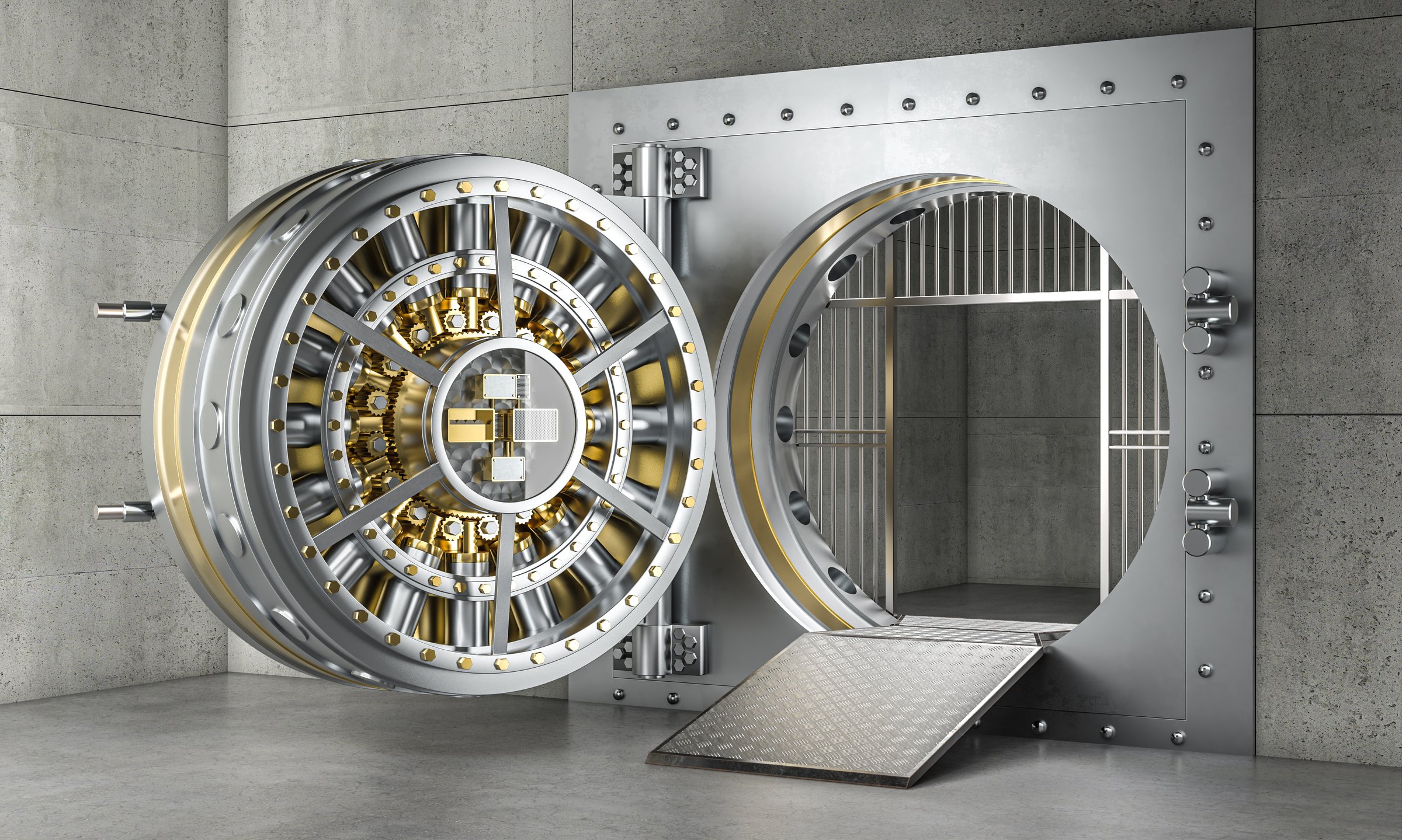 Open bank vault door with empty secure storage room inside 3d