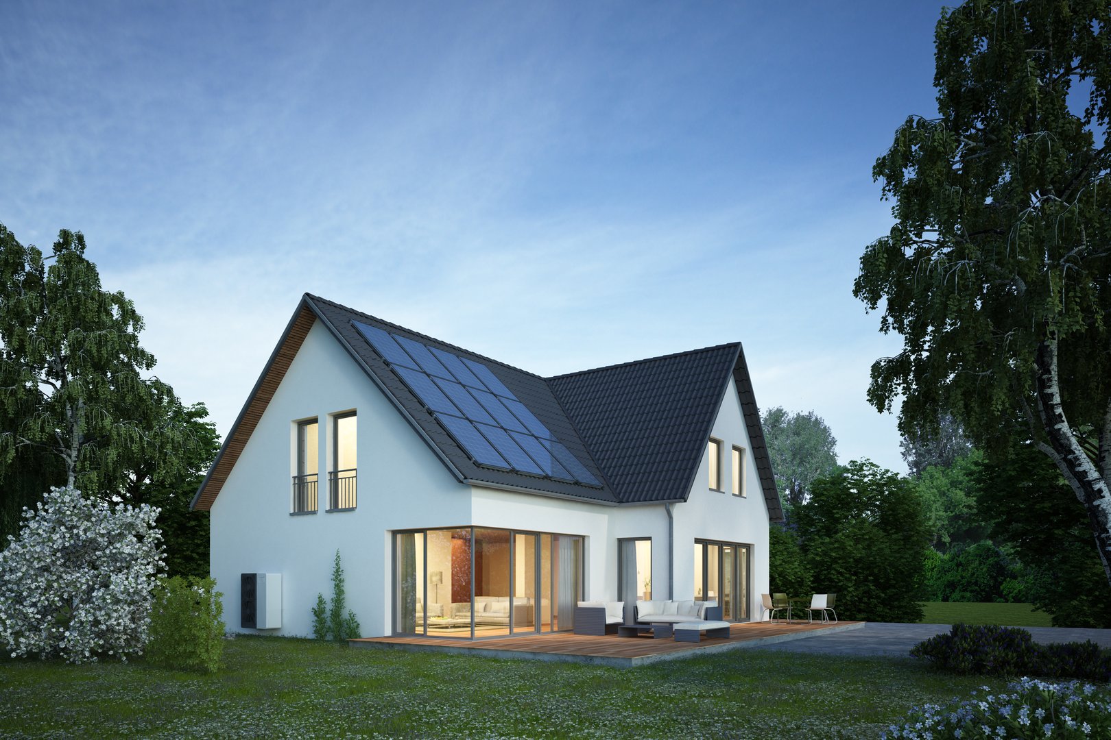 3d rendering of a modern house in the evening with electric heat pump