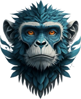 Illustration of a stylized blue monkey face with intricate fur details and bright orange eyes, set against a white background.