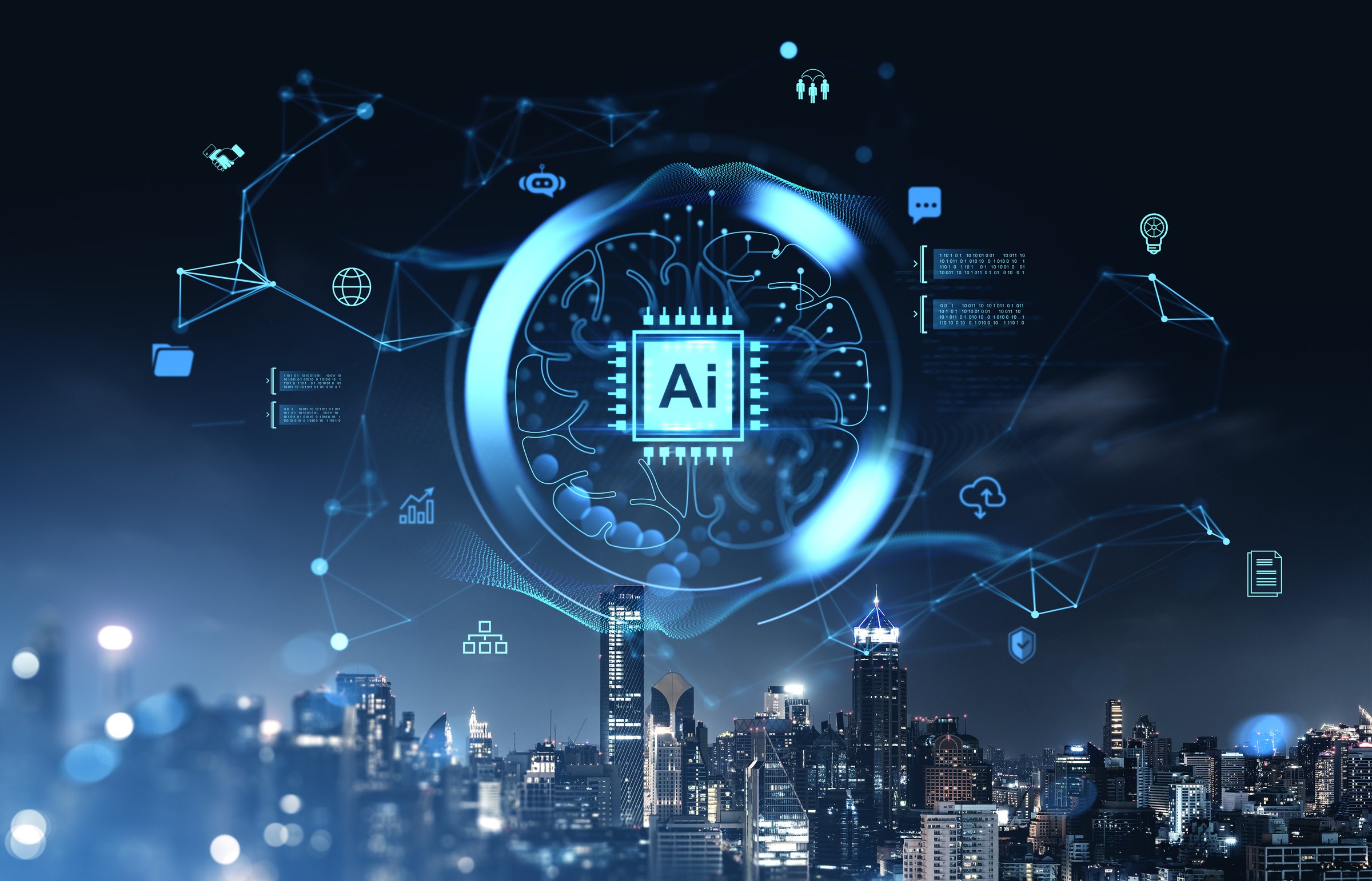 Futuristic AI brain chip interface with digital technology icons glowing over a modern city skyline at night, representing artificial intelligence concept