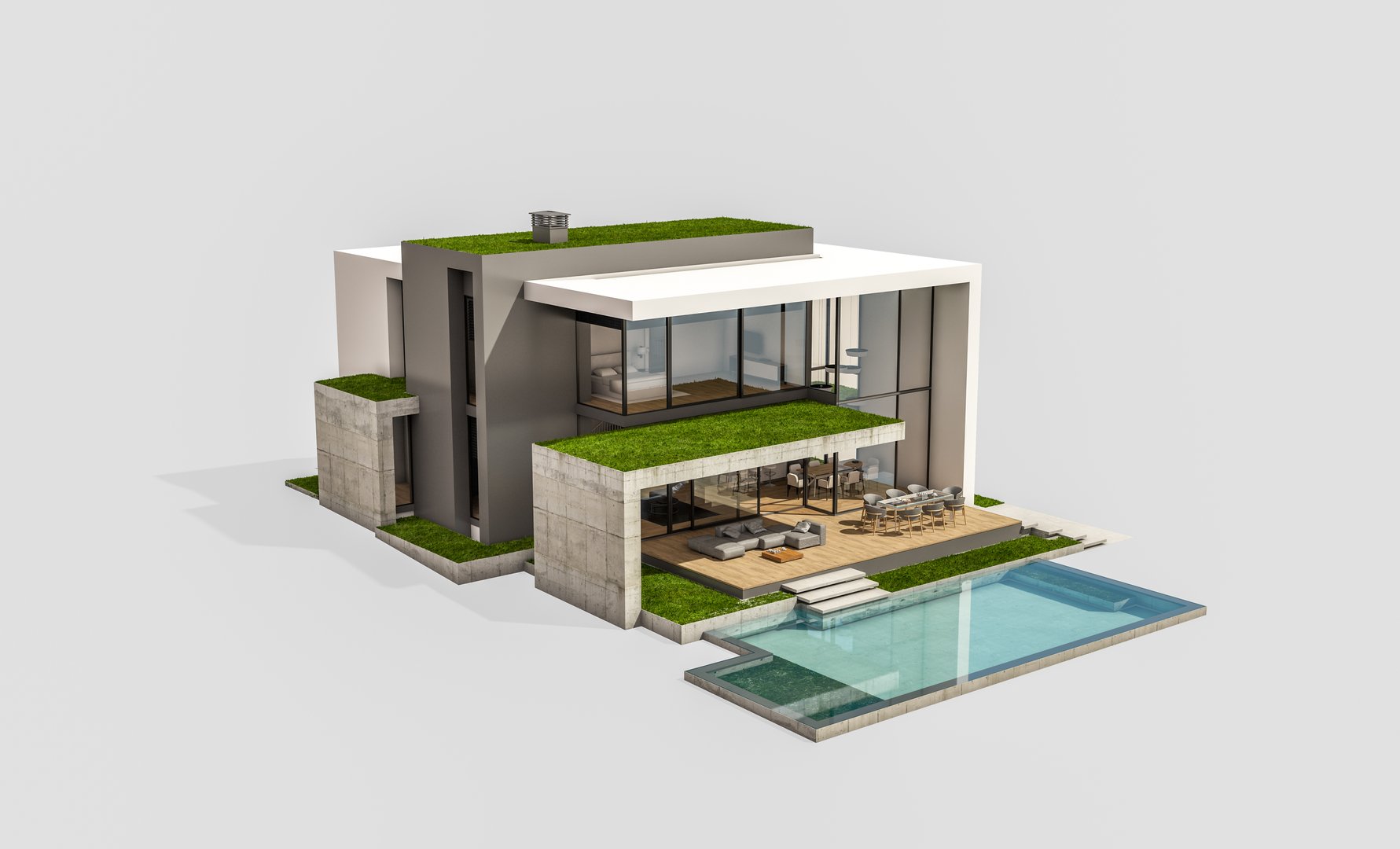 3d rendering of flat roof house with parking and pool for sale or rent with concrete facade and beautiful landscaping on background. Isolated on white