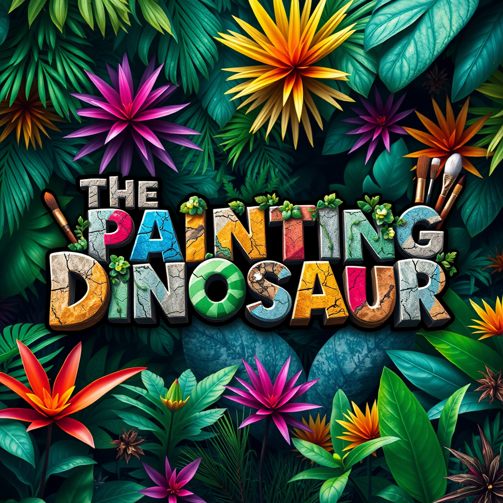 Colorful title The Painting Dinosaur surrounded by stylized, vibrant jungle plants and flowers with paintbrushes.