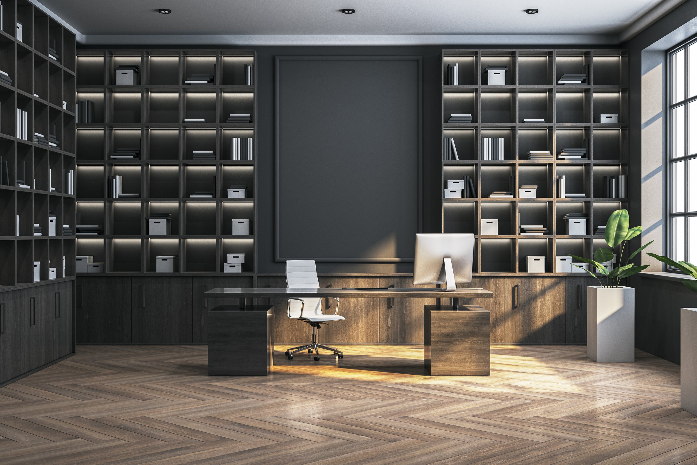 Executive office with desk, bookshelves, modern style, on wooden floor, concept of luxury. 3D Rendering