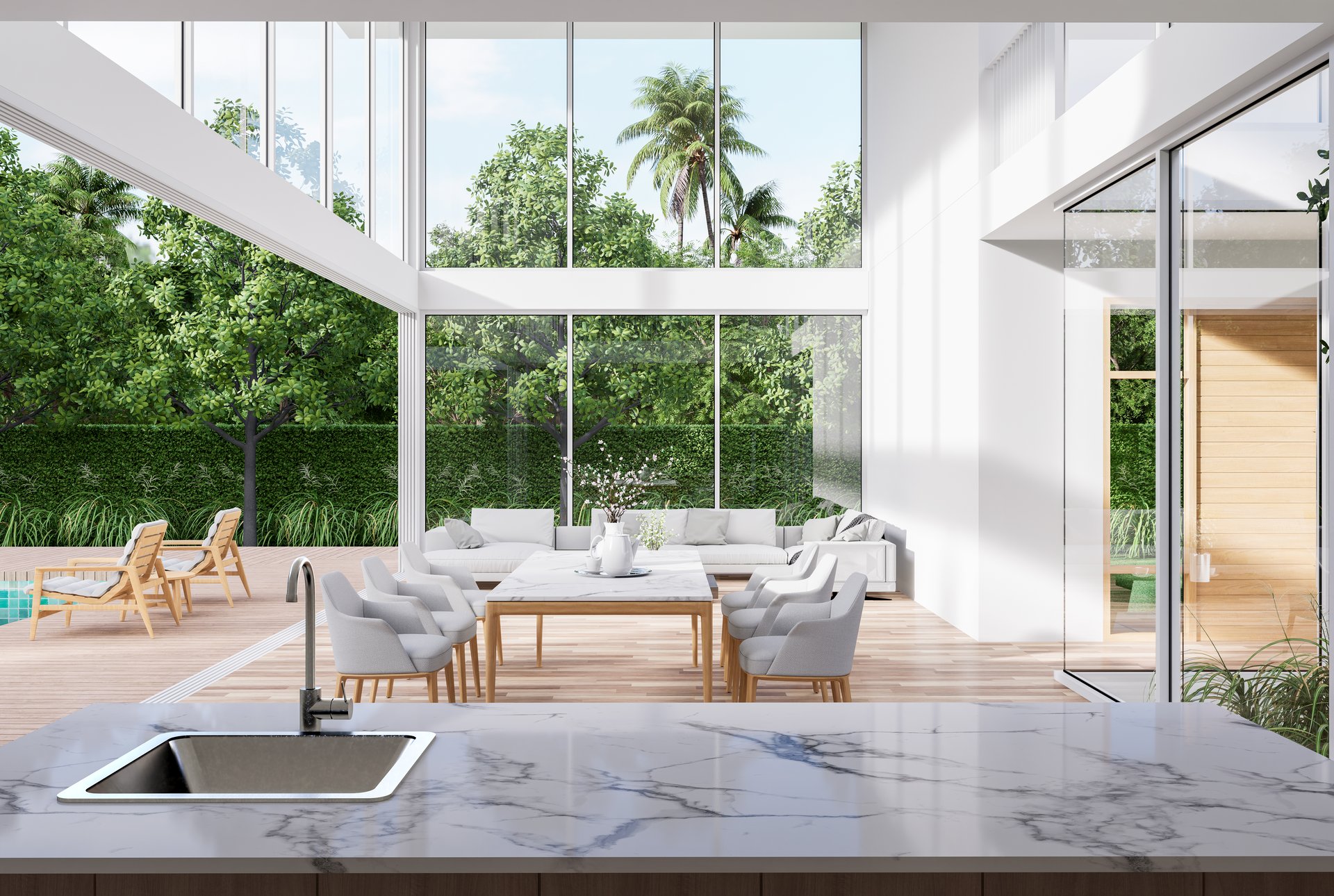 Modern style white house interior with wooden terrace in Florida with swimming pool and tropical nature view