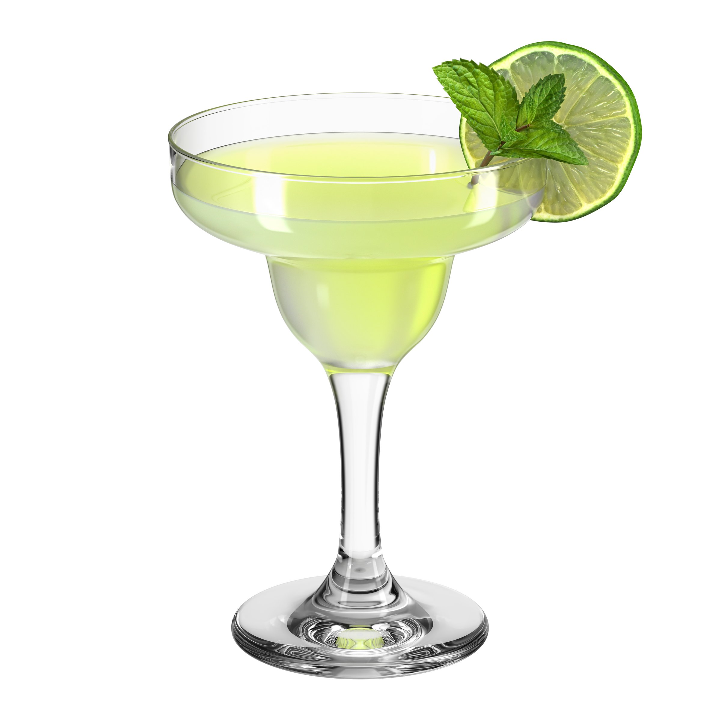 Margarita cocktail glass on white isolated background. Beverage with lime and mint. Bar theme. Alcoholic drink. 3d rendering.