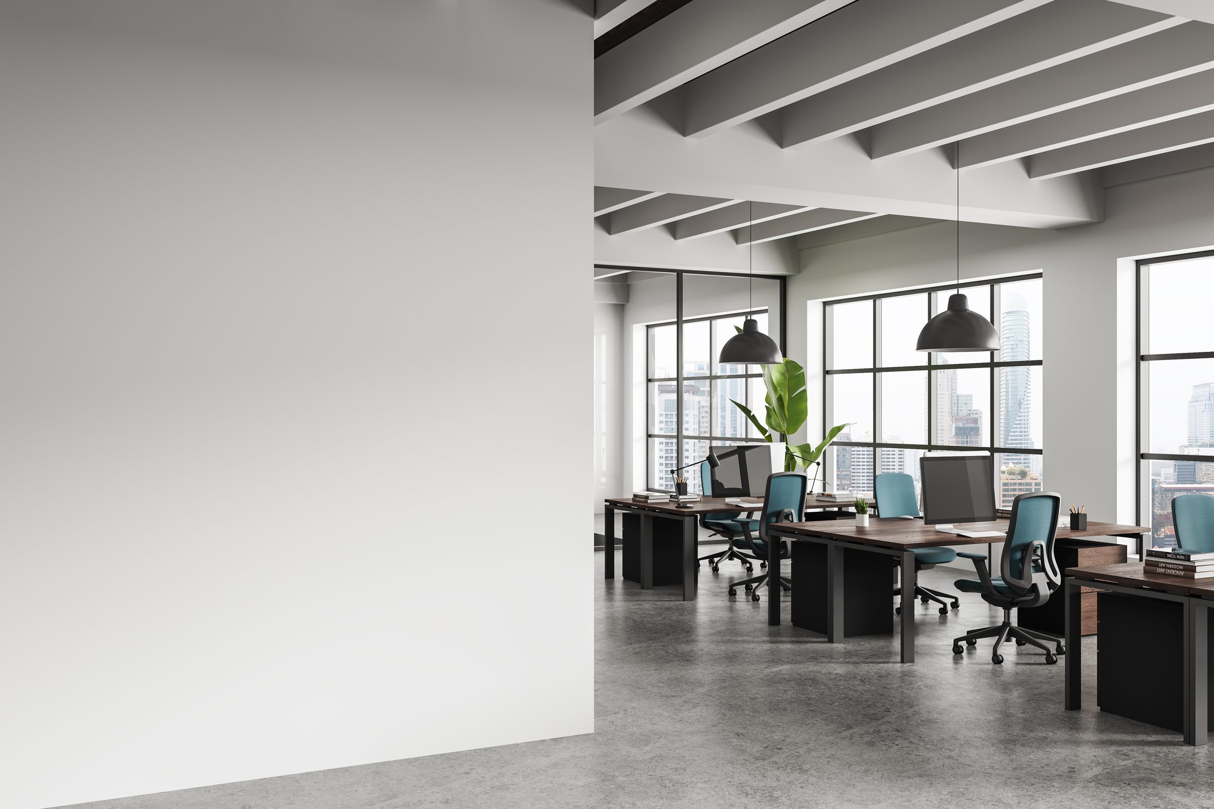 Contemporary office interior with clean empty wall for poster mockup, realistic style, modern workspace background, concept of creative presentation layout. 3D Rendering