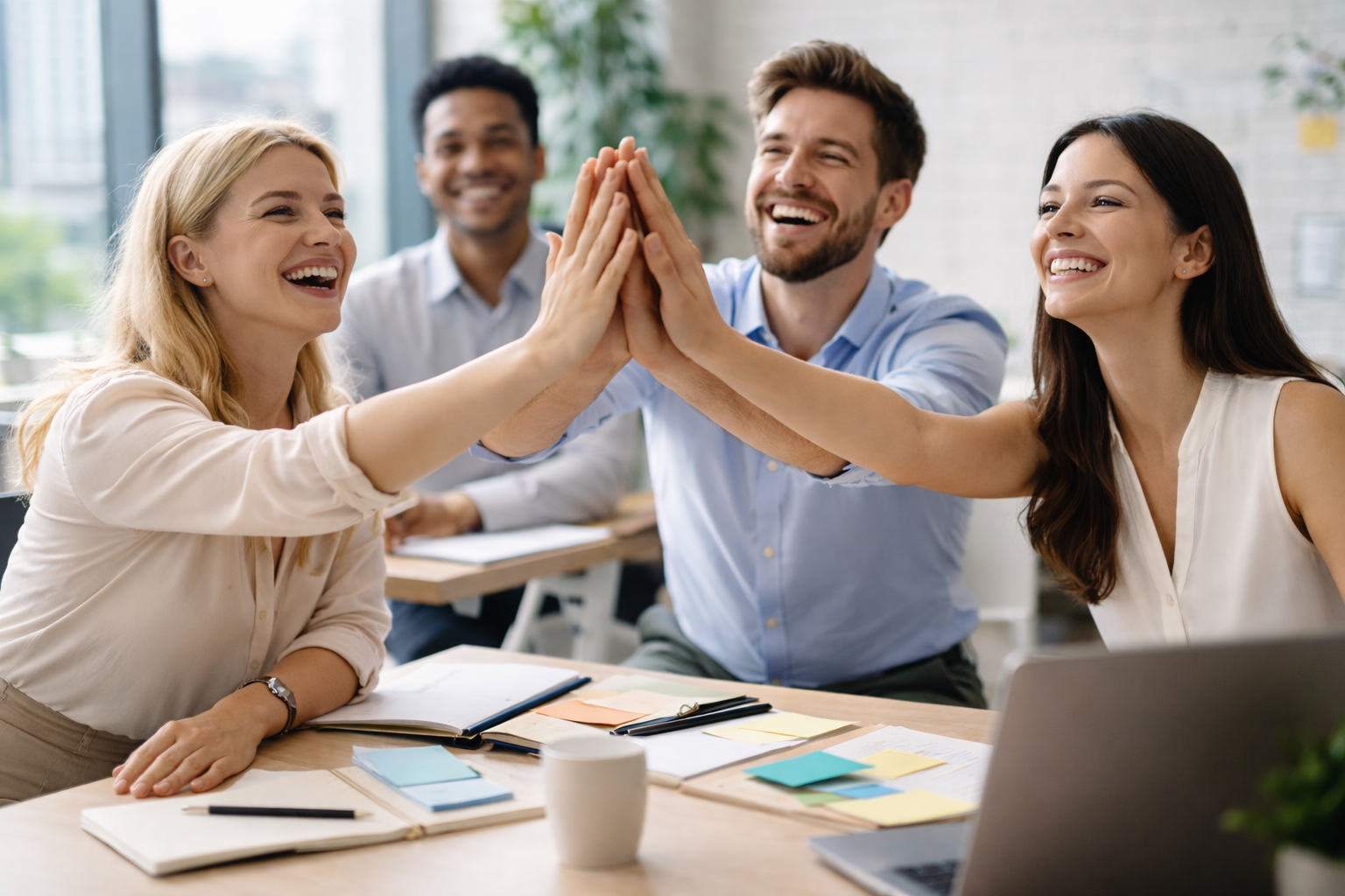 Erfolgreicher High-Five im Büro - Teamwork und Zusammenarbeit