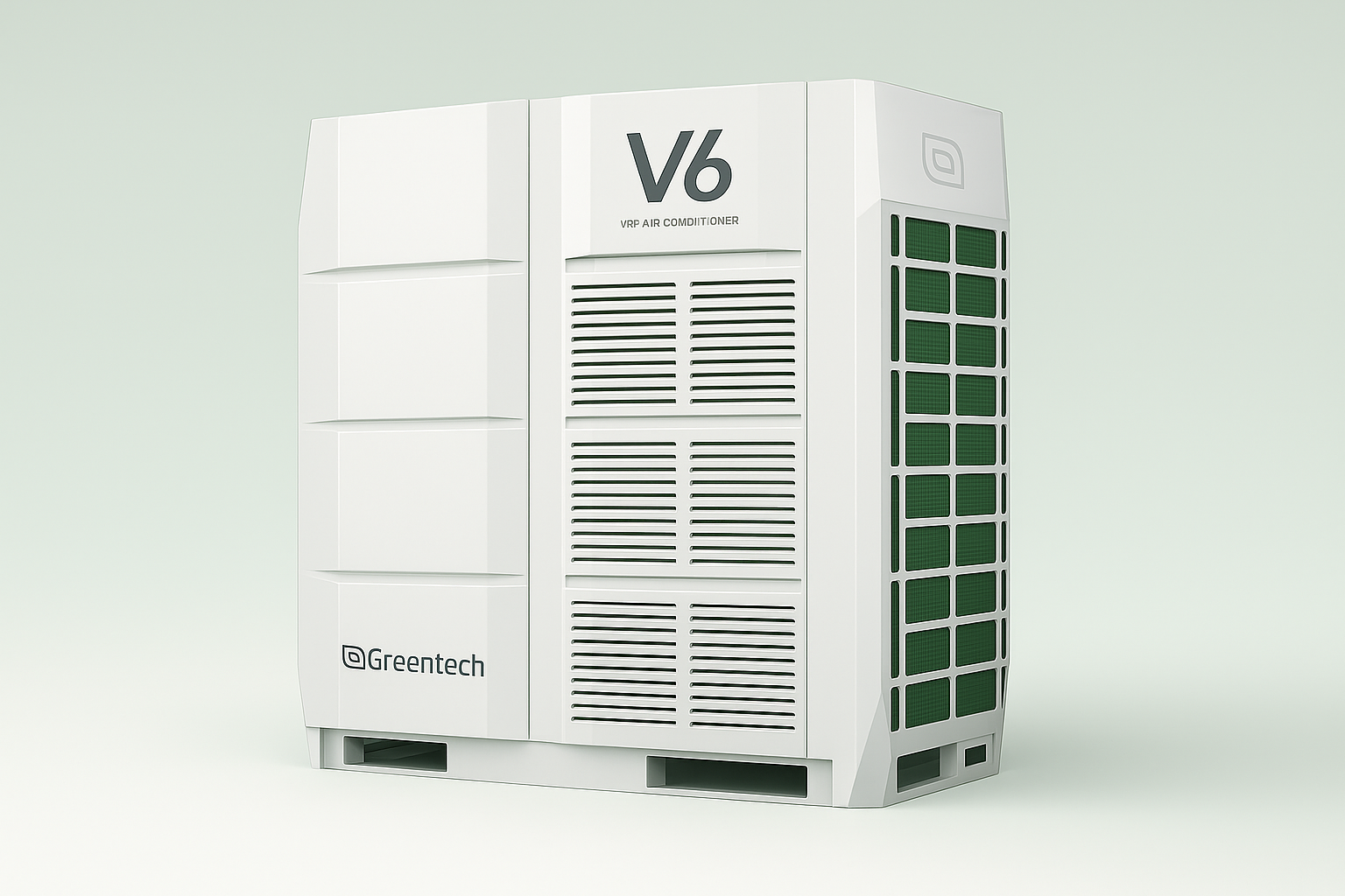 A large, white V6 air conditioning unit with the Greentech logo, featuring vents and a modern design, against a pale background.