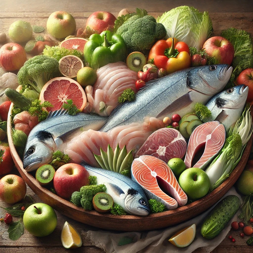 A platter of fresh seafood and vegetables, including fish, salmon cuts, broccoli, bell peppers, apples, and lemons.