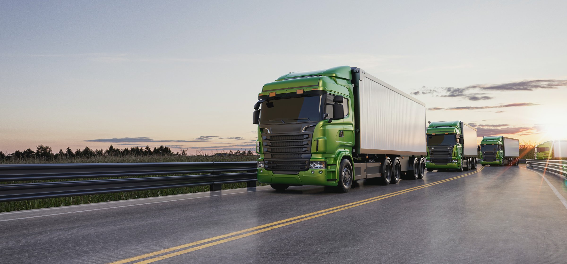 A realistic 3D rendering illustration featuring a convoy of green semi-trucks driving on a highway at sunrise, symbolizing logistics and efficient transportation.