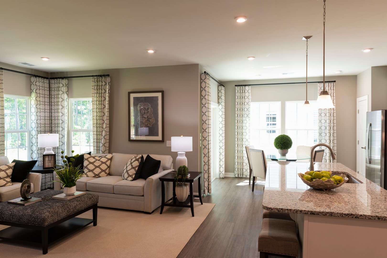 Kitchen and Living Room. Kitchen with a view of a cozy living room in the background. Real estate concept.
