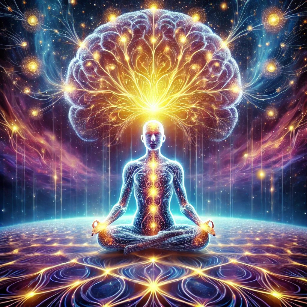 A person meditating with a vibrant, cosmic energy surrounding them, radiating from their head into the universe.