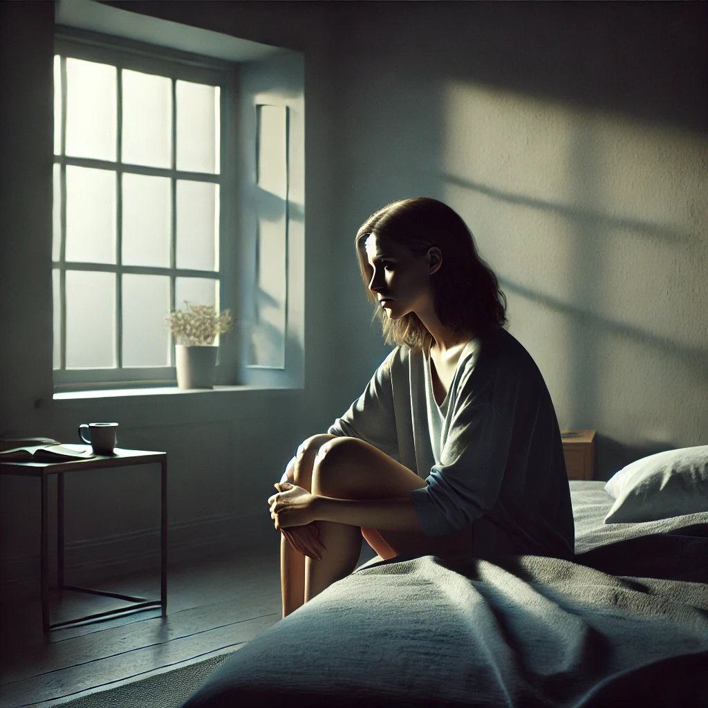 Woman sitting on a bed in a dimly lit room, gazing towards a window with soft light streaming in.