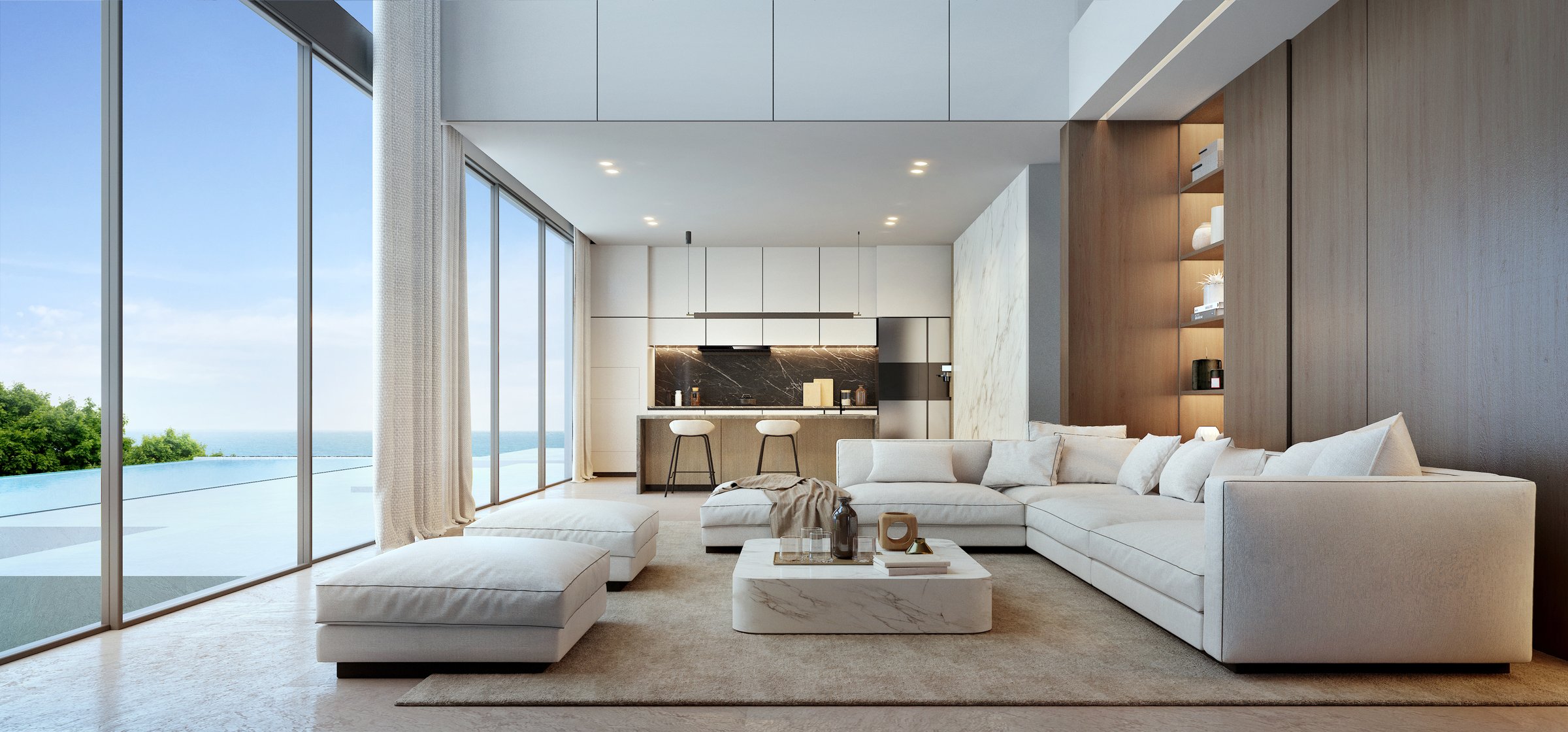 Living room luxury house in modern style.White sofa with pool and sea view.3d rendering